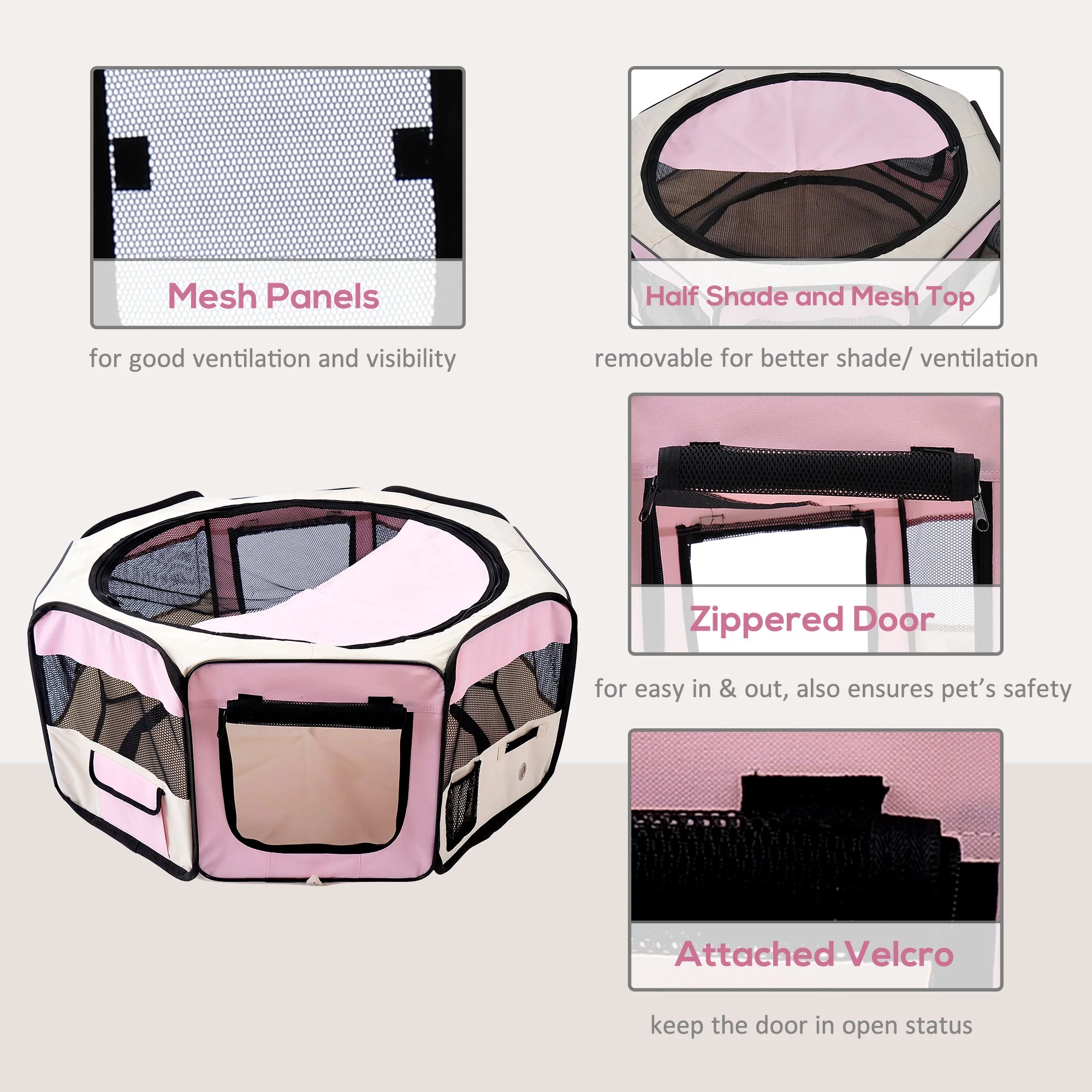 Fabric Dog Pens Pet Puppy PlayPen Dog Crate 37cmx37cmx95cm-Pink/Cream - Image 3