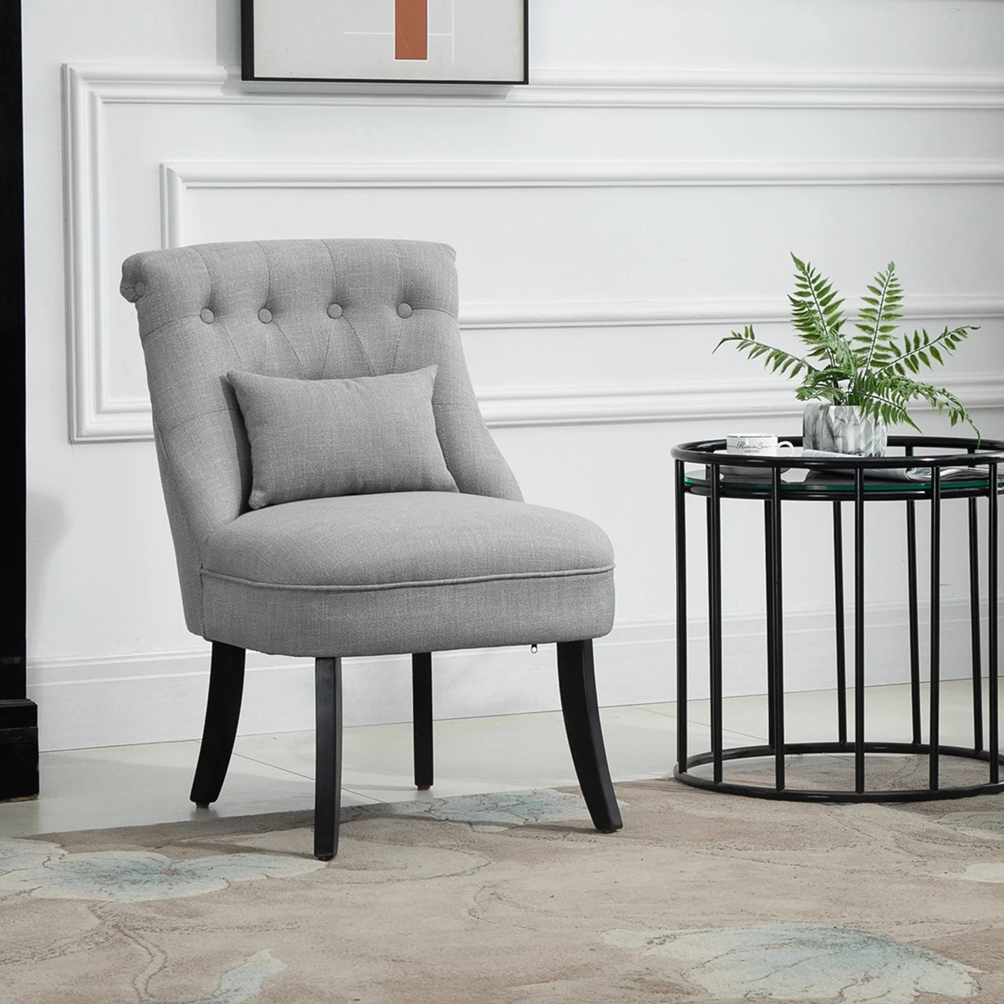 Fabric Single Sofa Dining Chair Tub Chair Upholstered W/ Pillow Solid Wood Leg Home Living Room Furniture Grey - Image 2