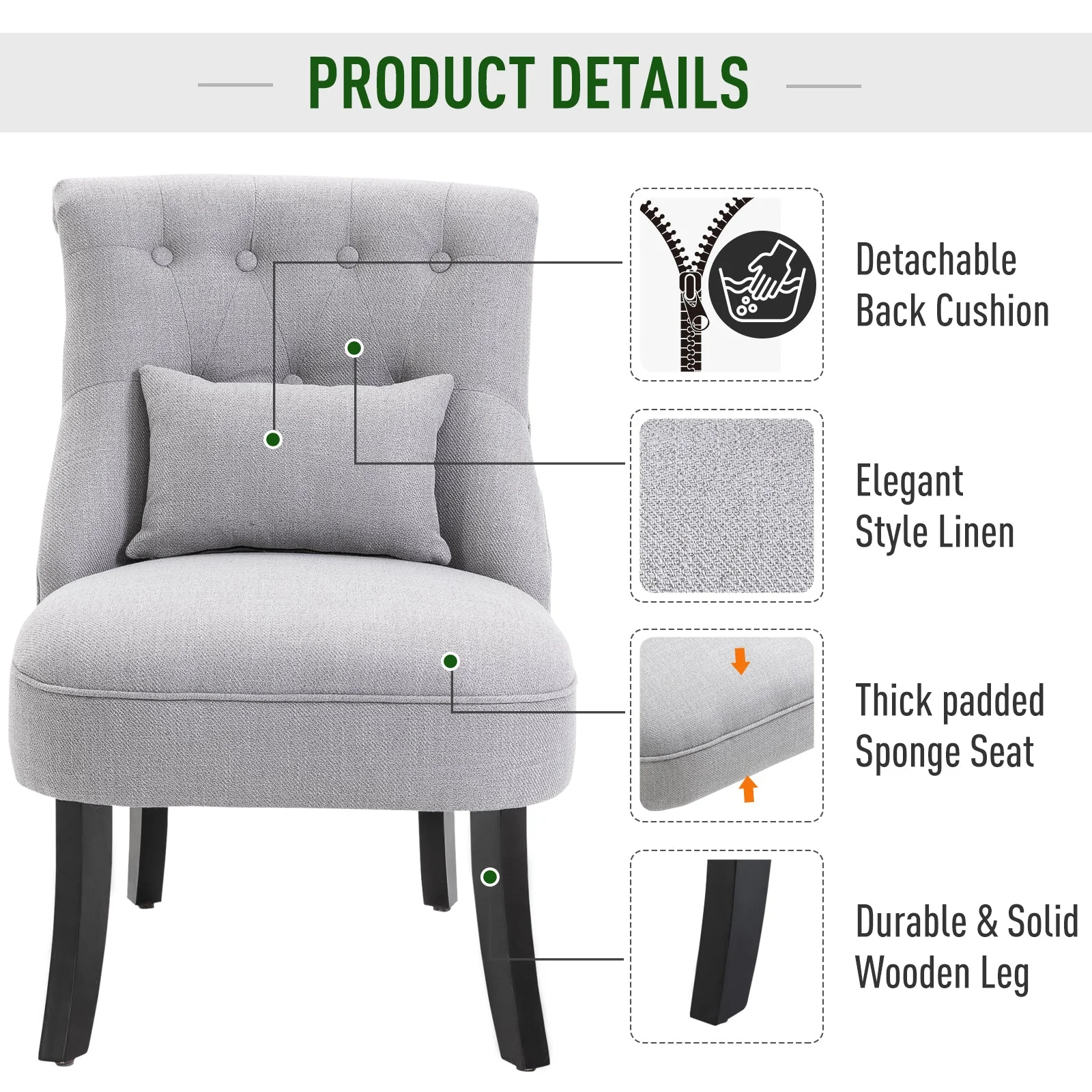 Fabric Single Sofa Dining Chair Tub Chair Upholstered W/ Pillow Solid Wood Leg Home Living Room Furniture Grey - Image 6