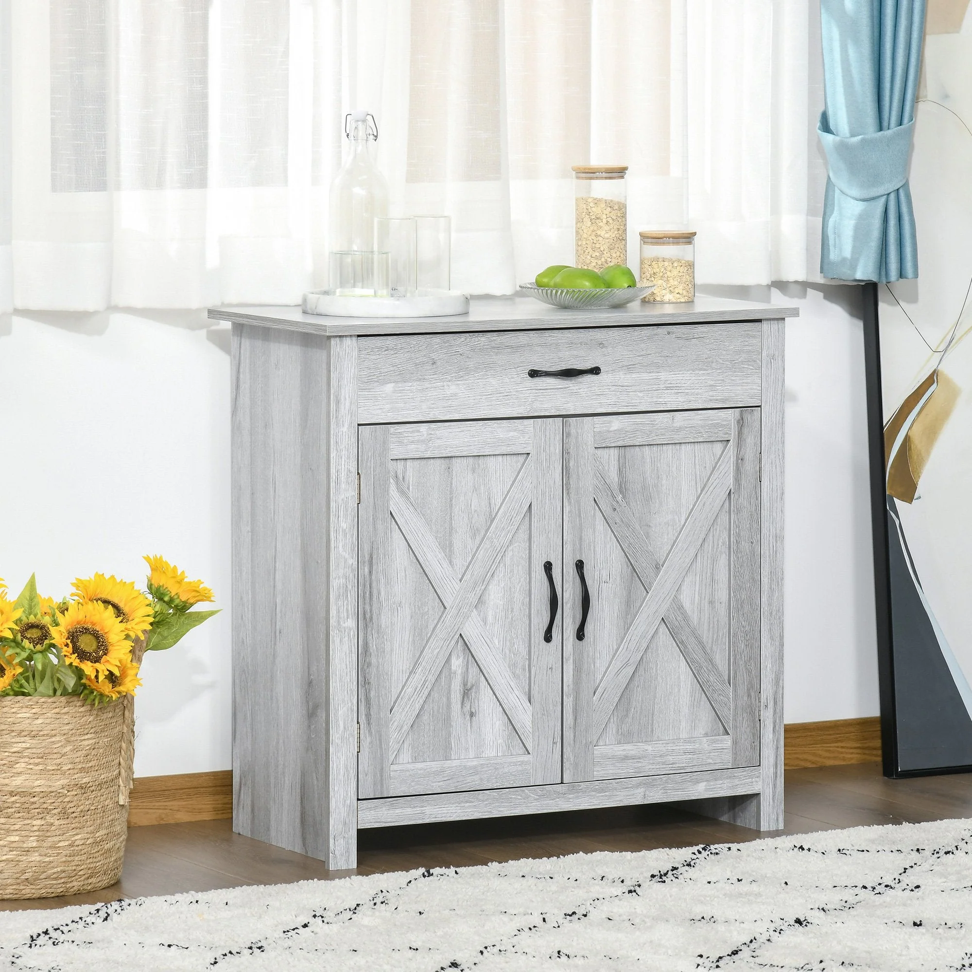 Farmhouse Barn Door Sideboard Storage Cabinet Coffee Bar for LIVING Room – Grey Grain - Image 2