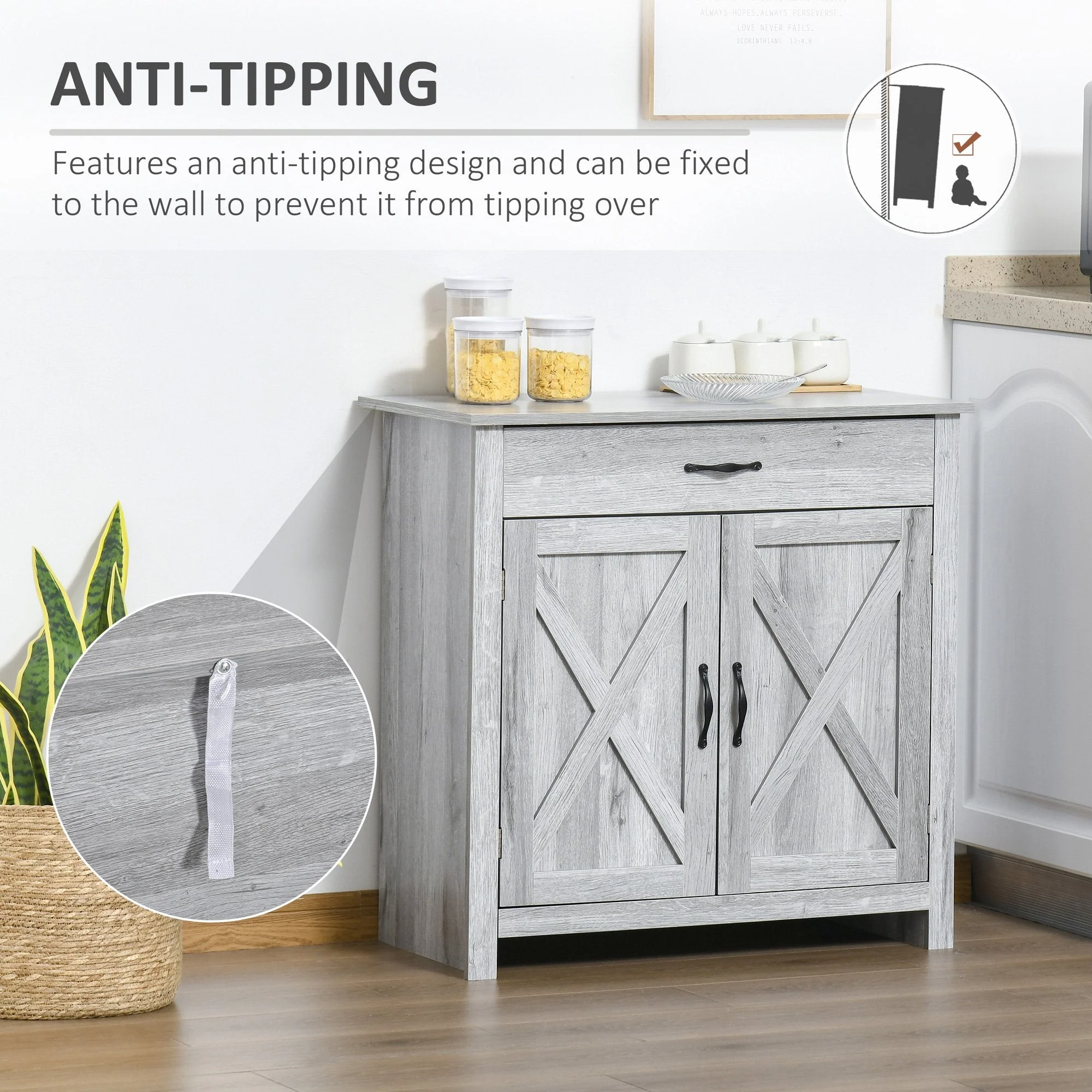 Farmhouse Barn Door Sideboard Storage Cabinet Coffee Bar for LIVING Room – Grey Grain - Image 4