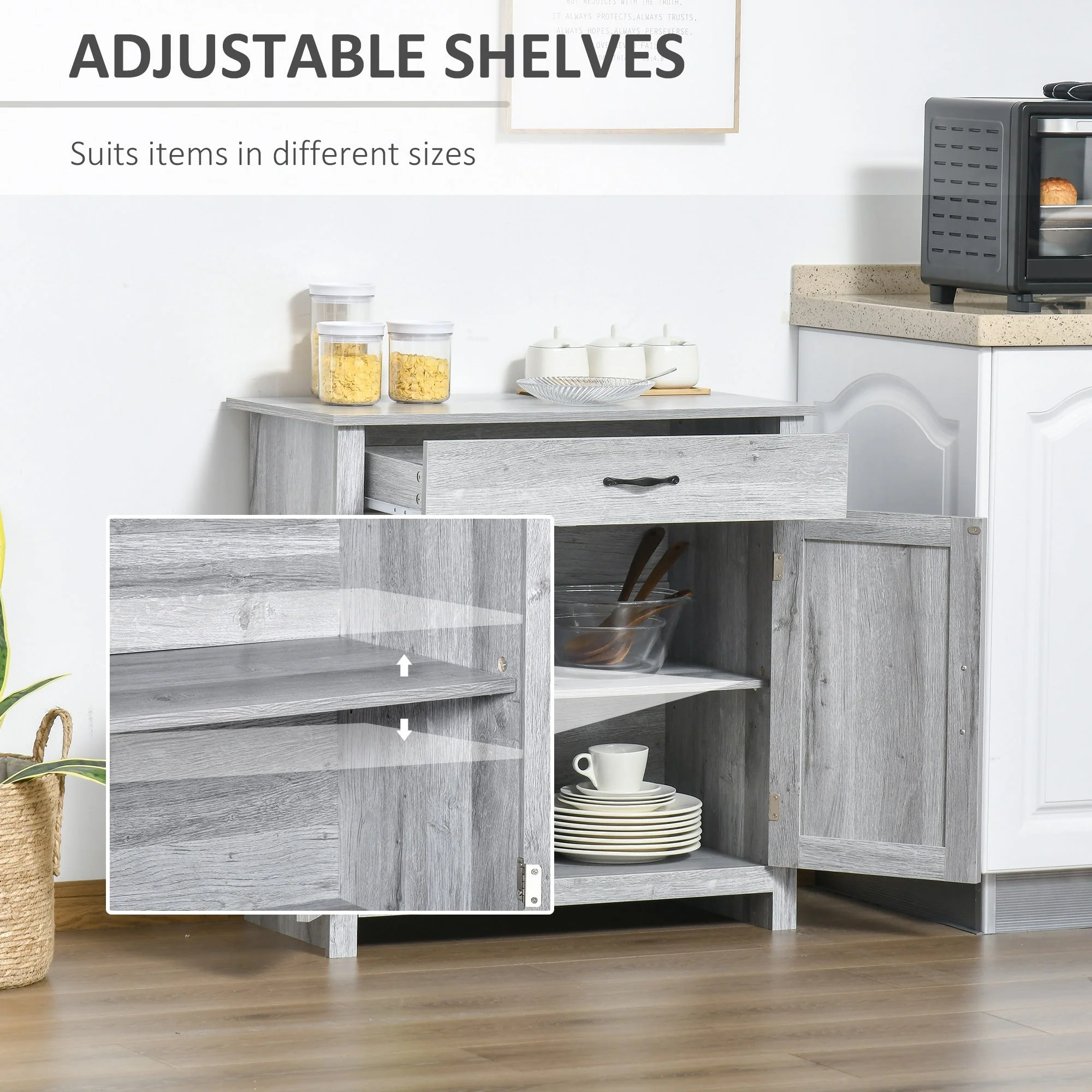 Farmhouse Barn Door Sideboard Storage Cabinet Coffee Bar for LIVING Room – Grey Grain - Image 5