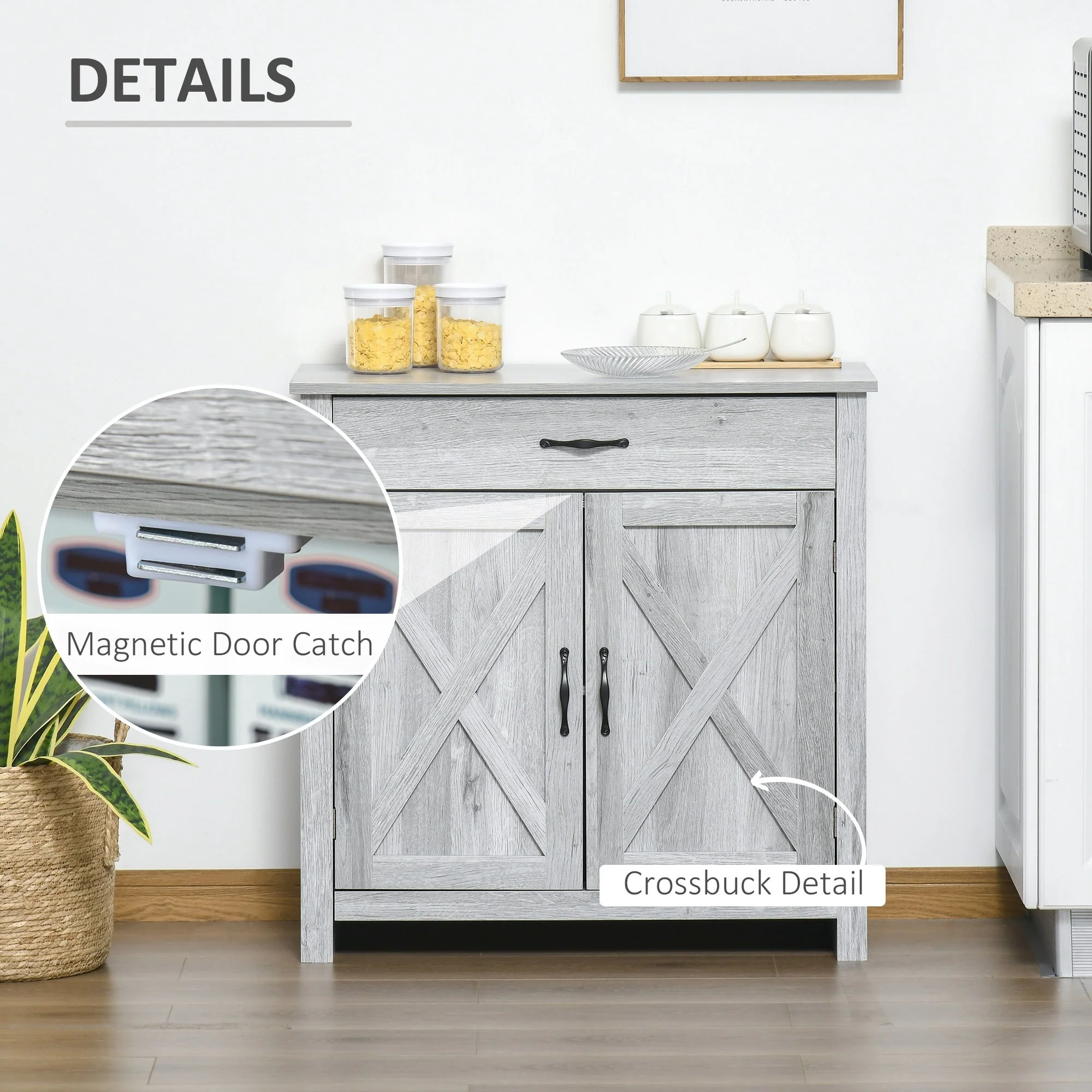 Farmhouse Barn Door Sideboard Storage Cabinet Coffee Bar for LIVING Room – Grey Grain - Image 6
