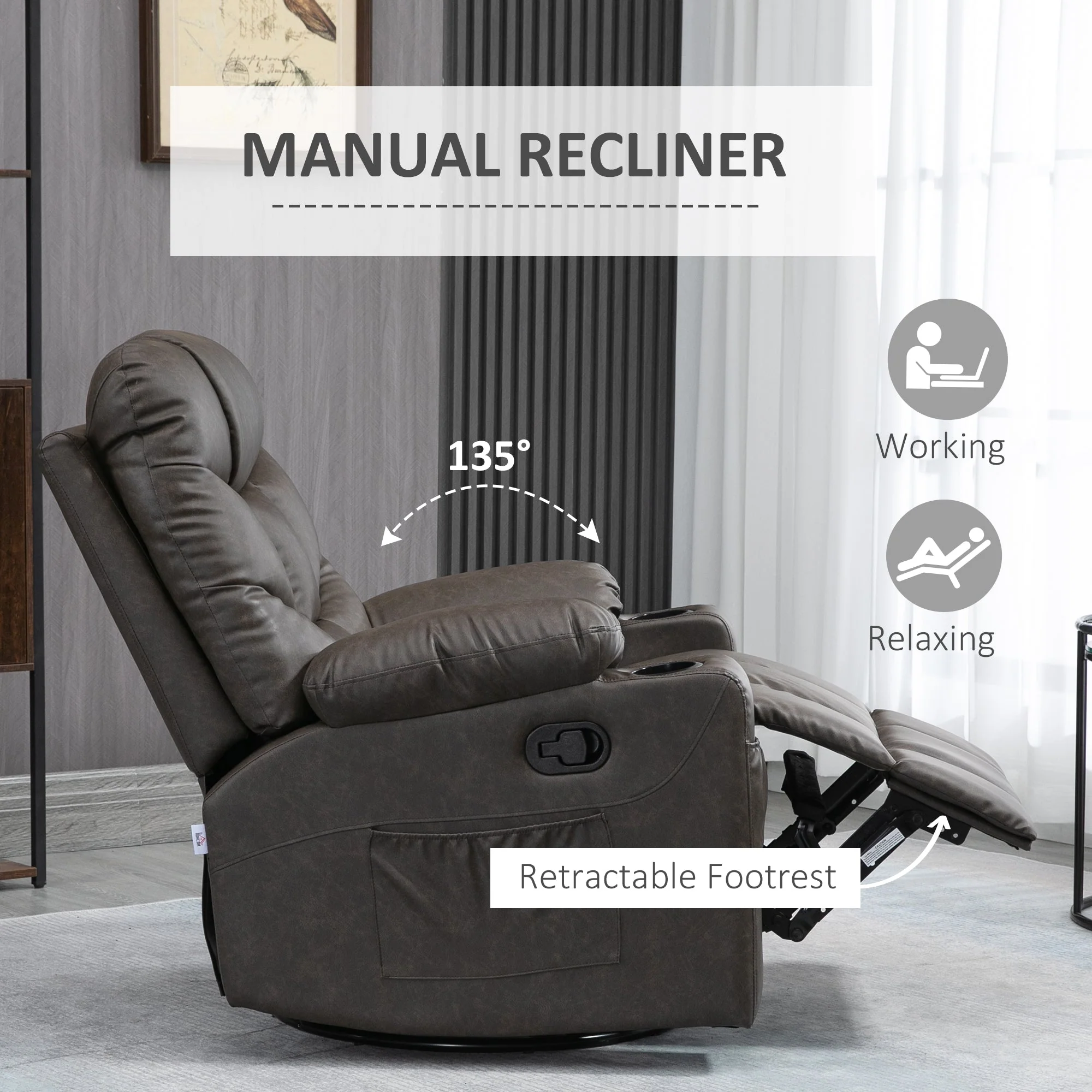 Faux Leather Reclining Armchair - Brown - Image 4