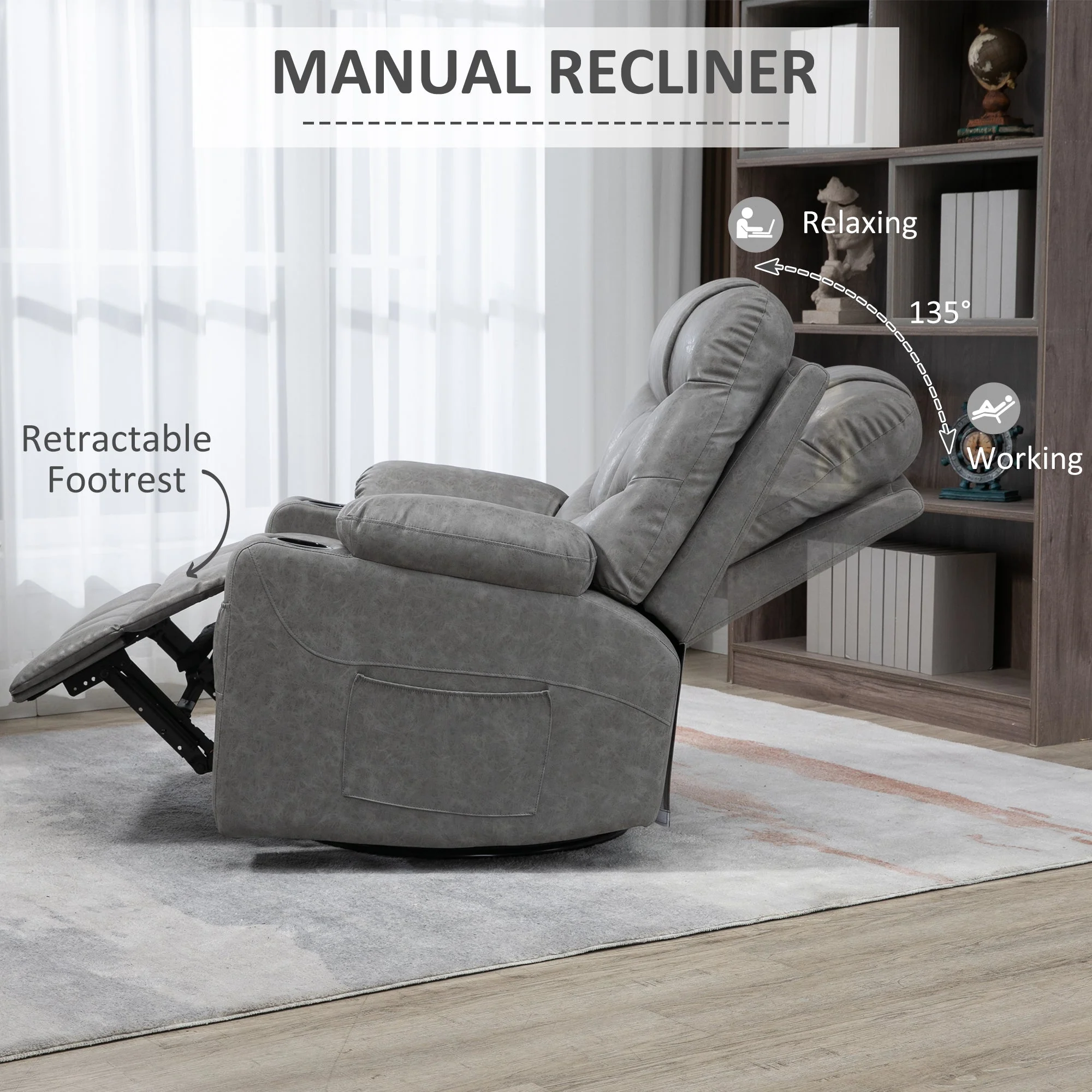 Faux Leather Reclining Armchair - Grey - Image 3