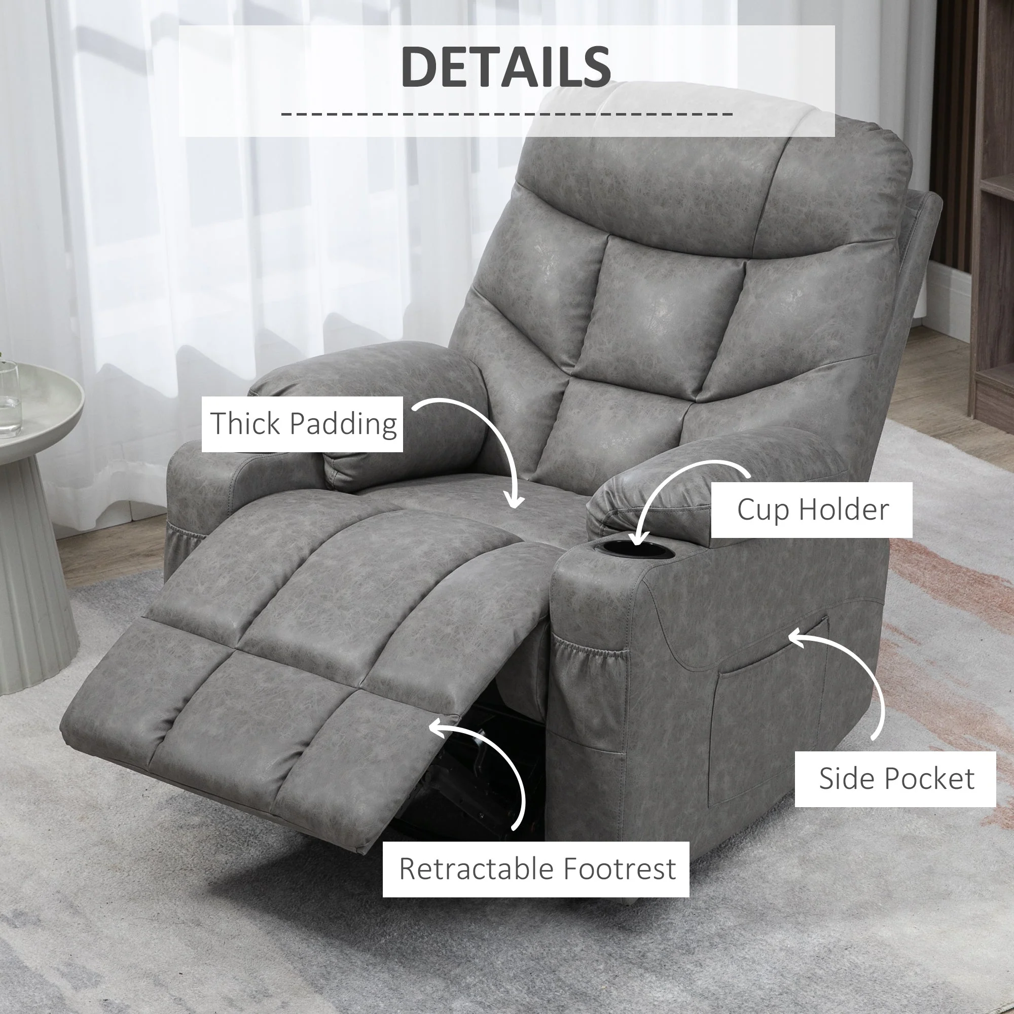 Faux Leather Reclining Armchair - Grey - Image 5