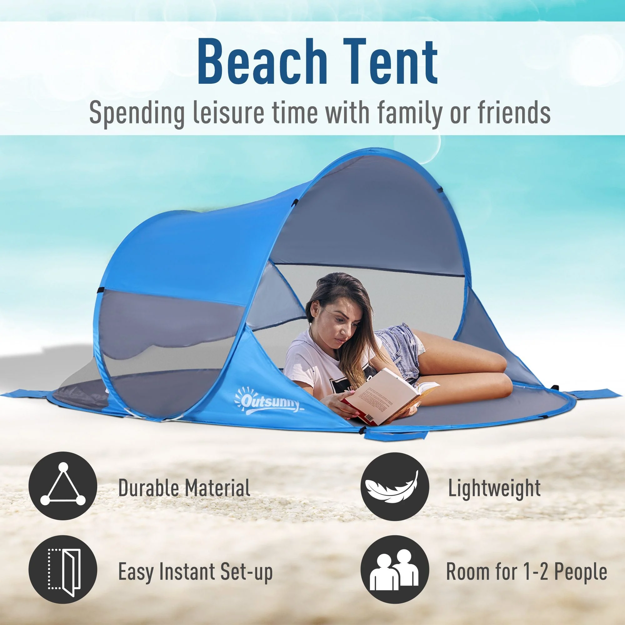 Fibreglass Frame 2 Person Pop-Up Lightweight Camping Tent Blue - Image 4