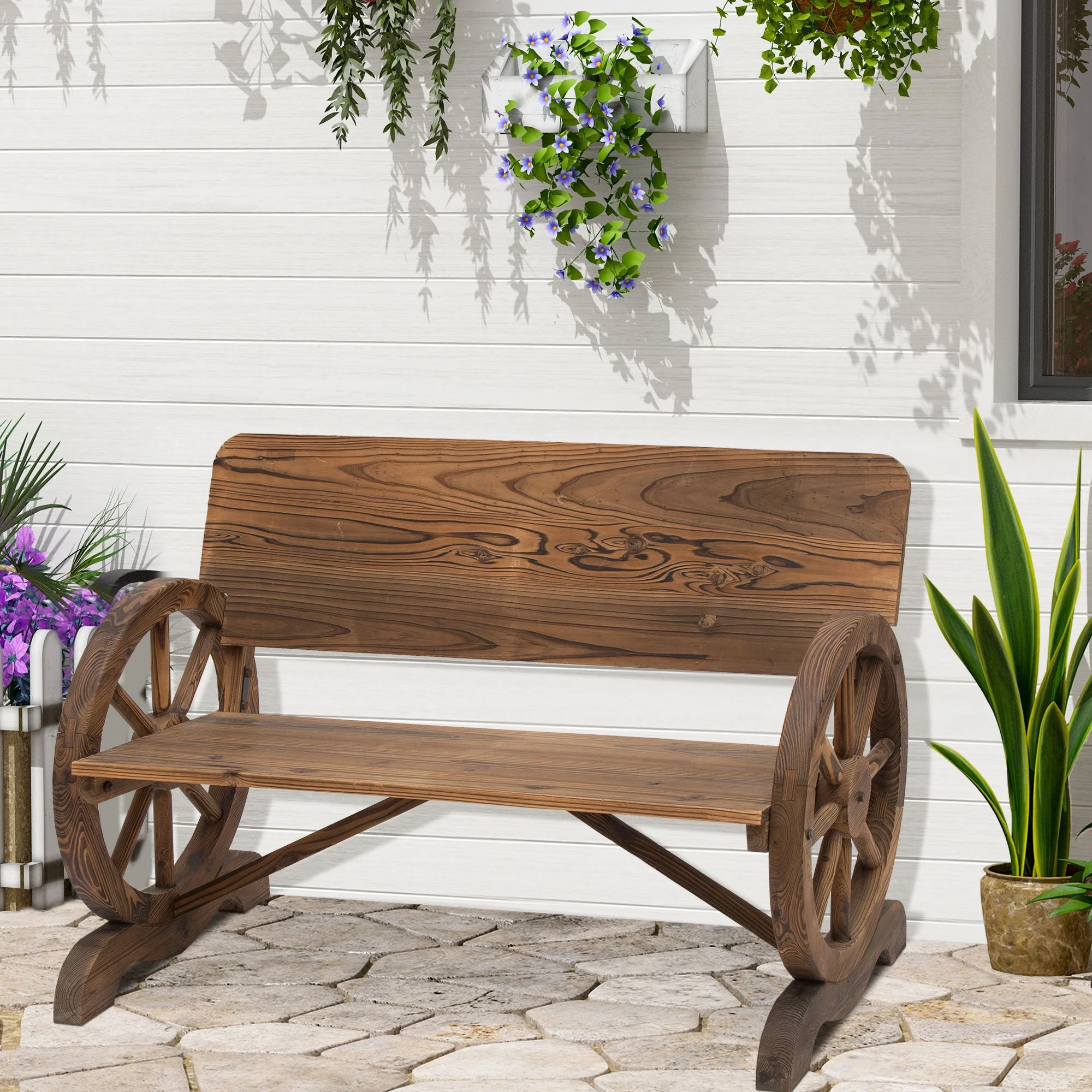 Fir Wood 2 Seater Outdoor Garden Wagon Wheel Bench - Image 2