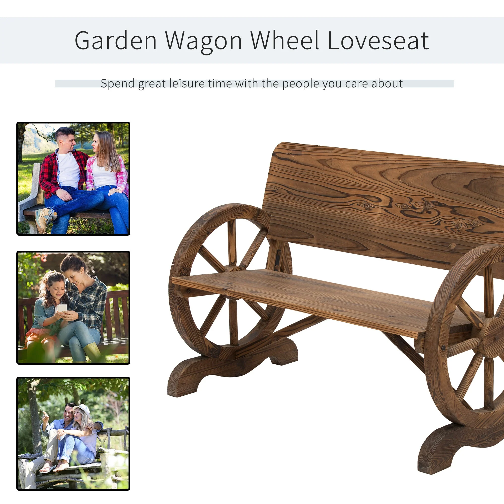 Fir Wood 2 Seater Outdoor Garden Wagon Wheel Bench - Image 4