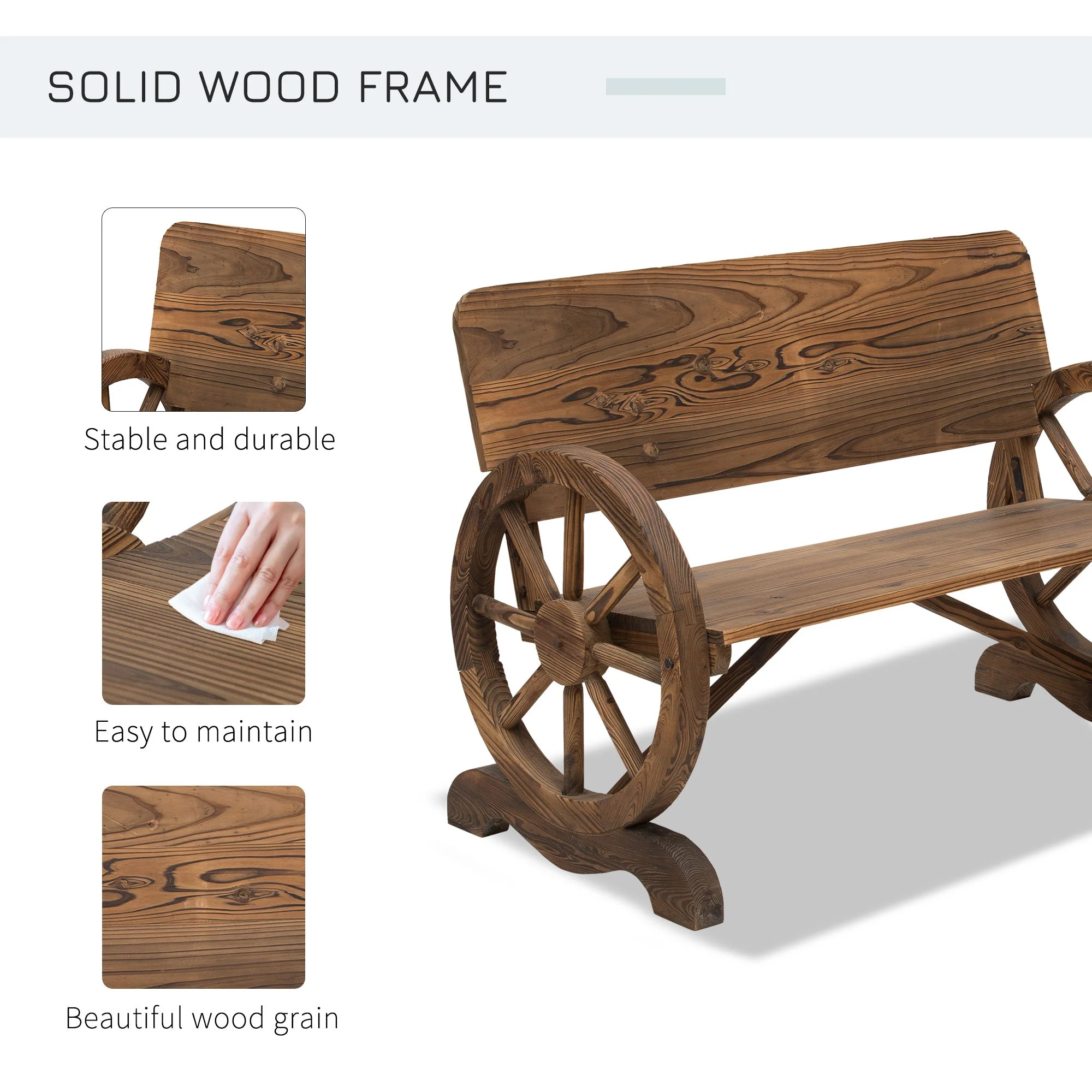 Fir Wood 2 Seater Outdoor Garden Wagon Wheel Bench - Image 5