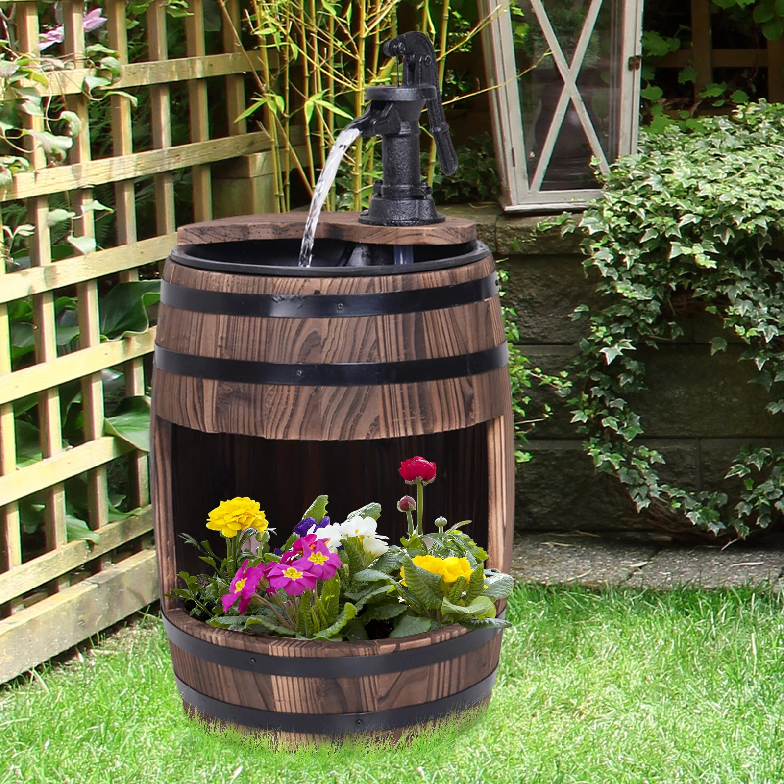 Fir Wood Barrel Pump Fountain W/ Flower Planter - Image 2