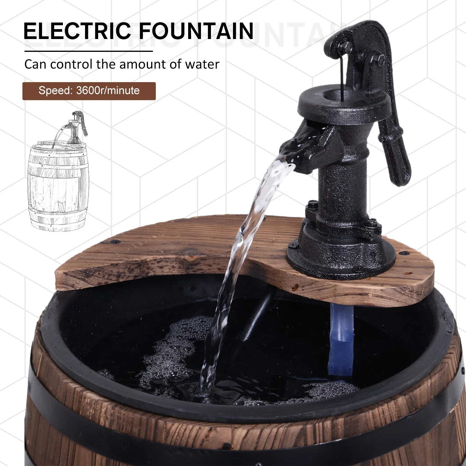 Fir Wood Barrel Pump Fountain W/ Flower Planter - Image 4