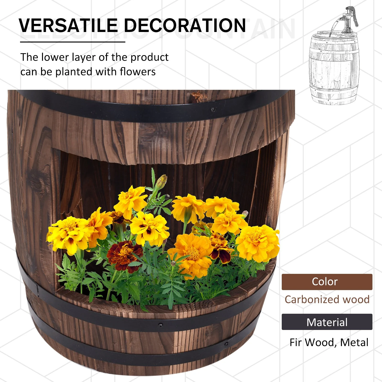Fir Wood Barrel Pump Fountain W/ Flower Planter - Image 5