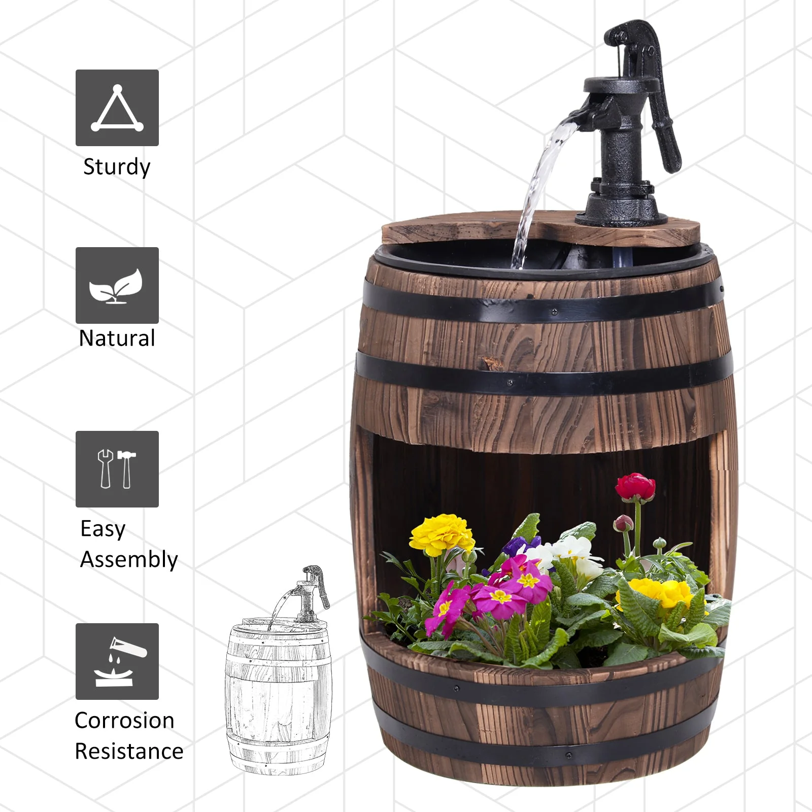 Fir Wood Barrel Pump Fountain W/ Flower Planter - Image 6