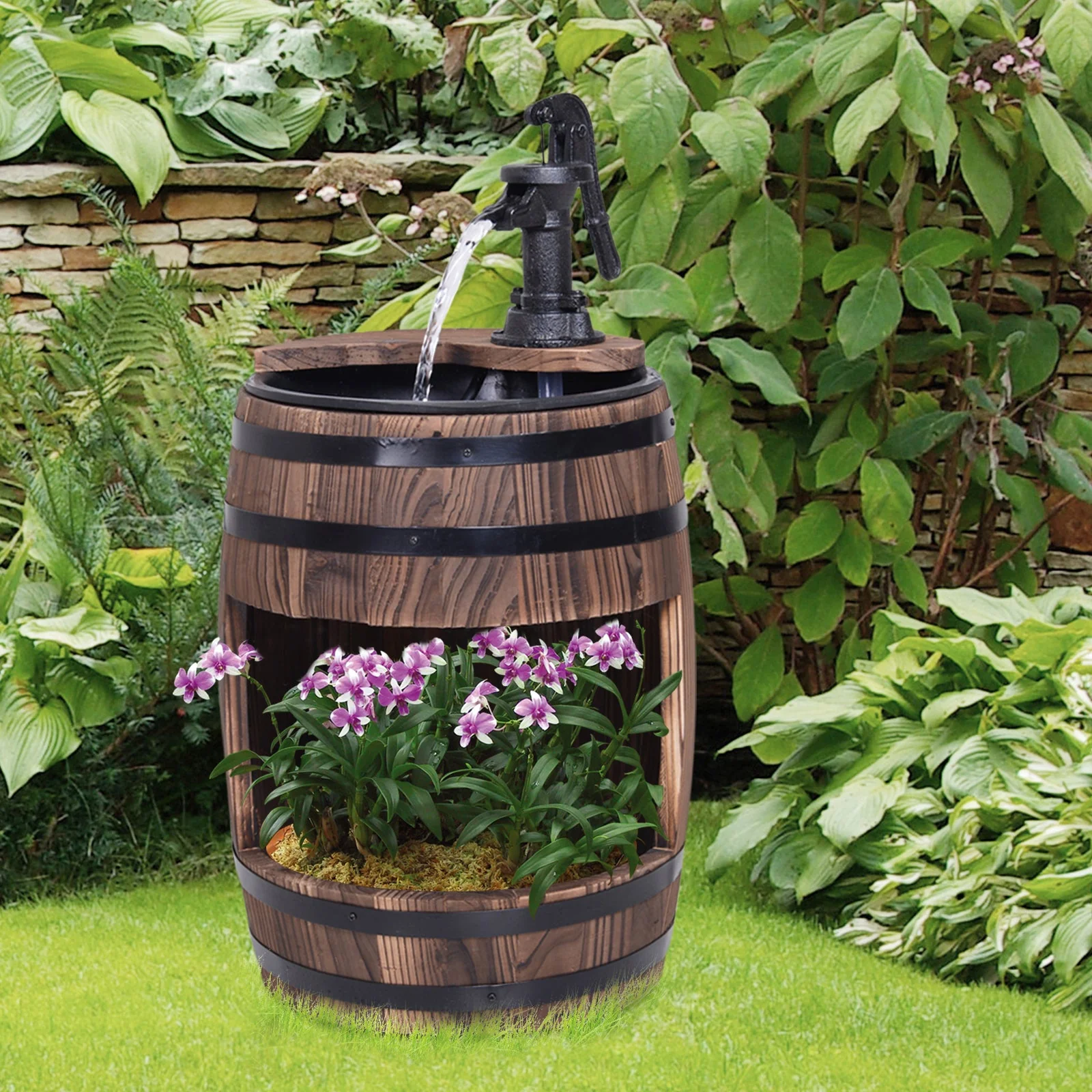 Fir Wood Barrel Pump Fountain W/ Flower Planter - Image 9