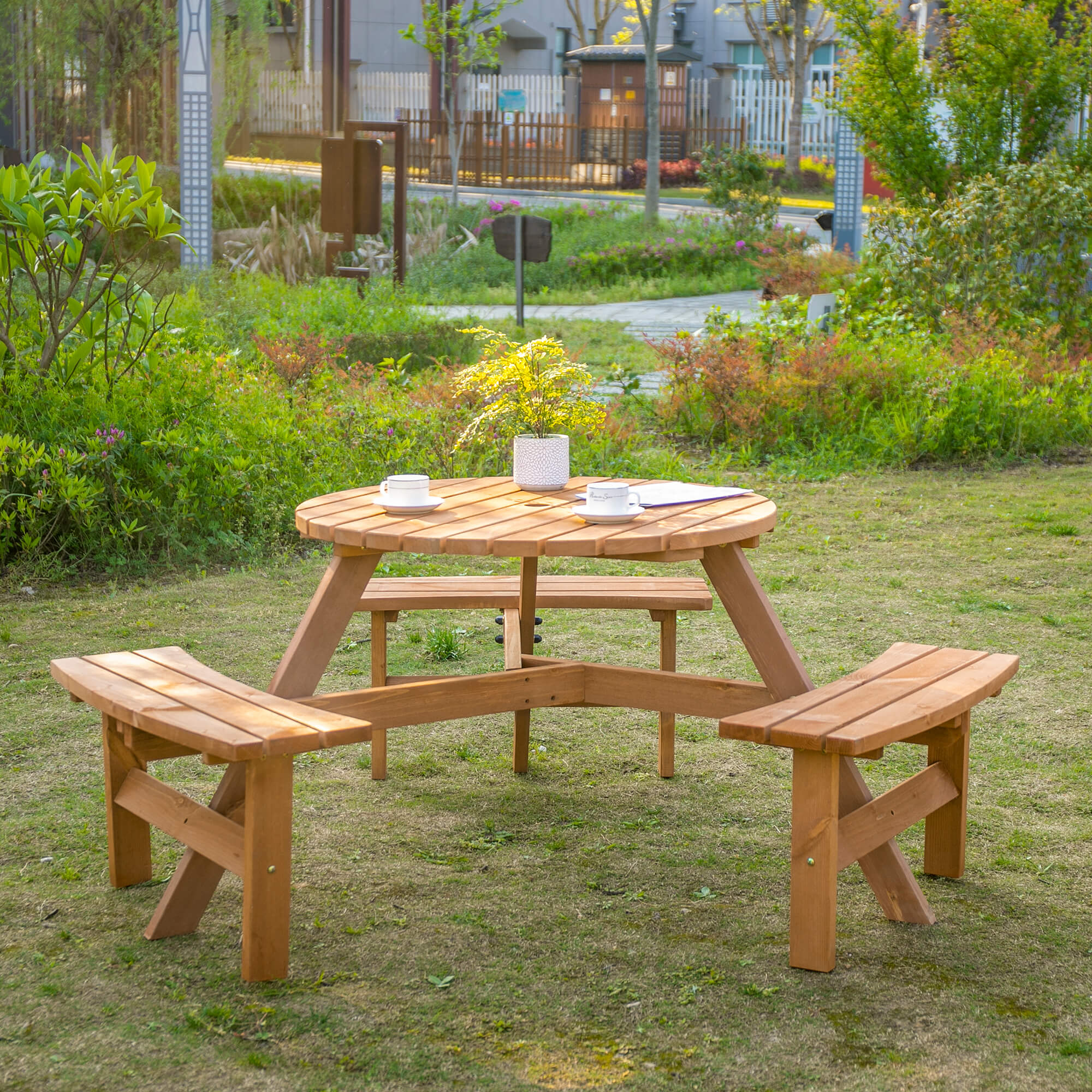 Fir Wood Pub Parasol Table and Bench Set 6 Person Heavy Duty Patio Dining Garden Outdoor Furniture - Image 2