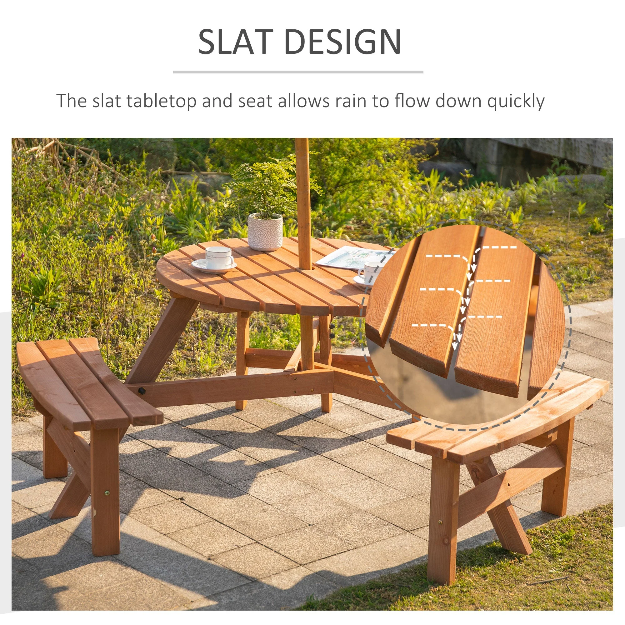 Fir Wood Pub Parasol Table and Bench Set 6 Person Heavy Duty Patio Dining Garden Outdoor Furniture - Image 6