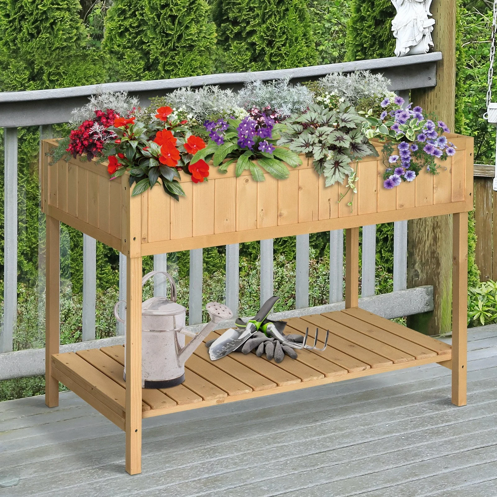 Fir Wood Raised Rectangular 8 Compartment Plant Stand Oak Tone - Image 2