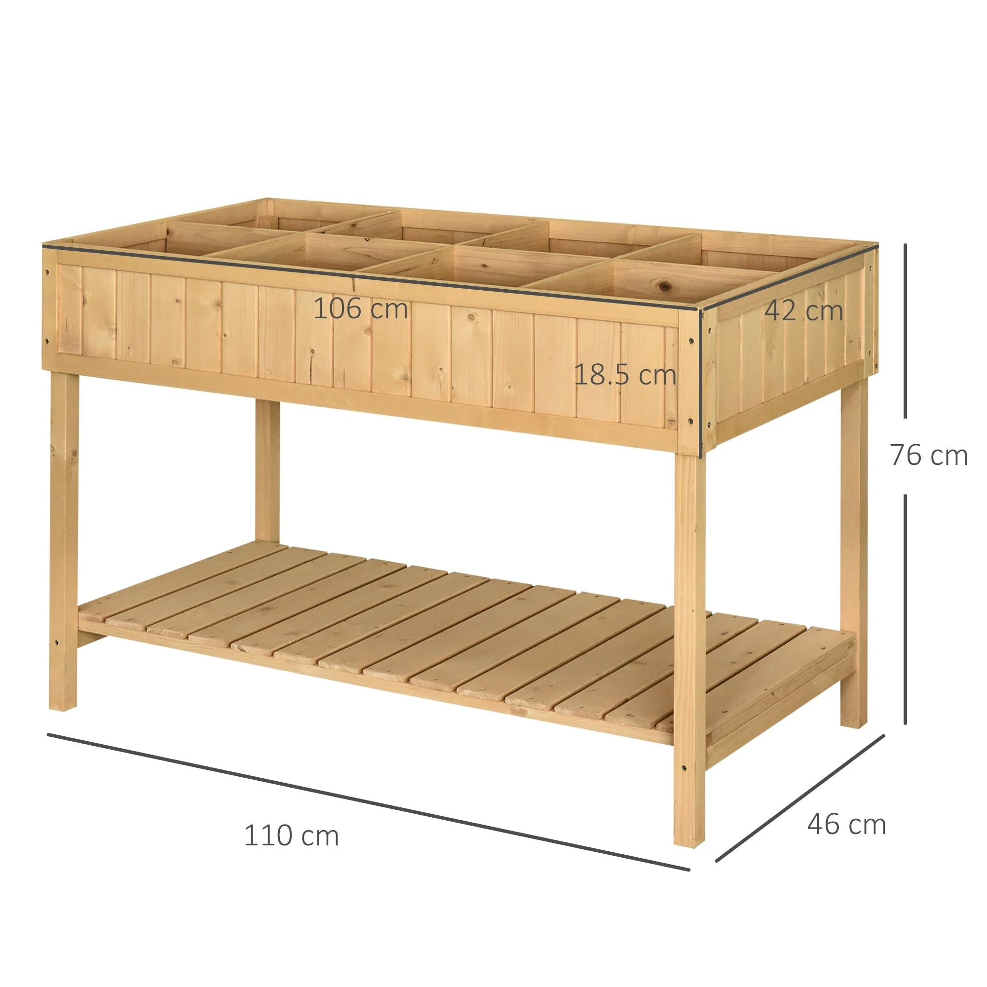 Fir Wood Raised Rectangular 8 Compartment Plant Stand Oak Tone - Image 3