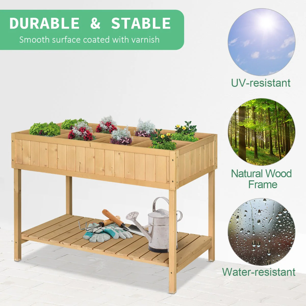 Fir Wood Raised Rectangular 8 Compartment Plant Stand Oak Tone - Image 4