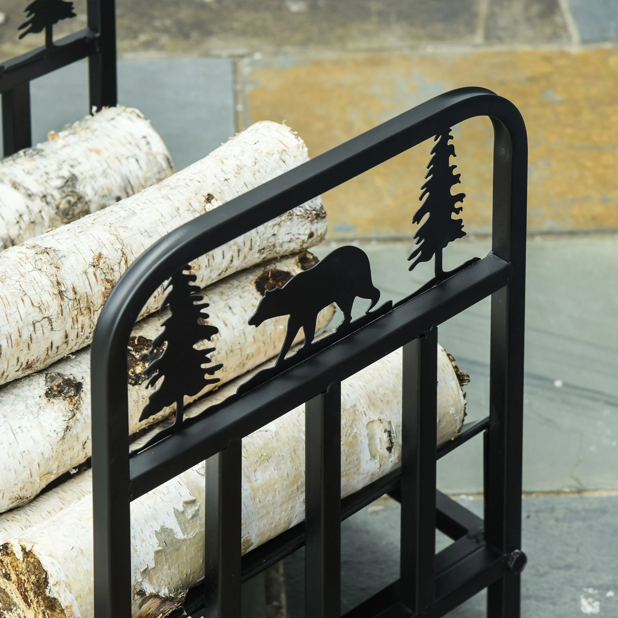 Firewood Log Rack Curved Fireplace Log Holder w/ Handles Outdoor Indoor Black - Image 8