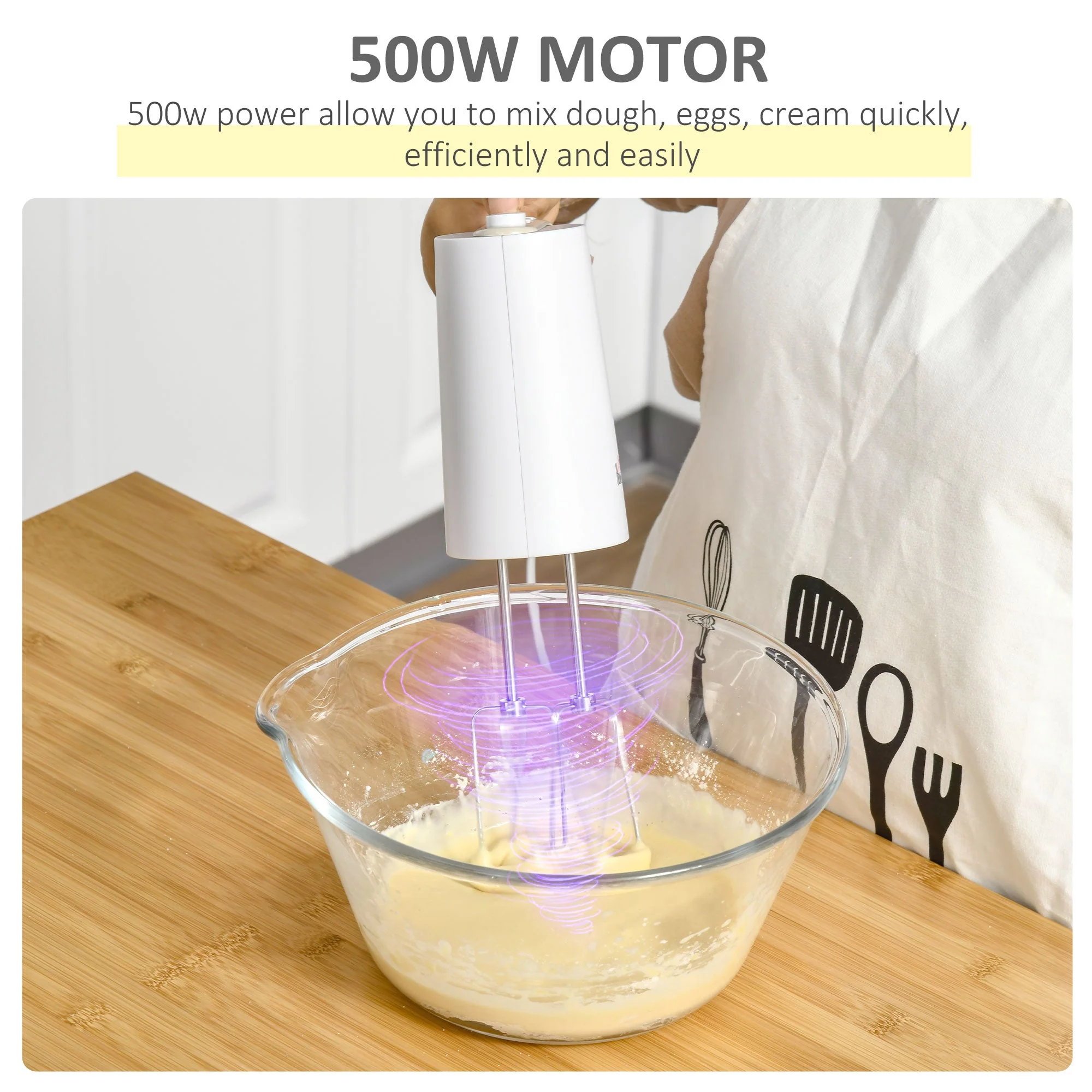 Five-In-One Hand Mixer 500W Electric Whisk Five Speed w/ Stainless Steel Dough Hook Beater Blender Chopper for Kitchen Baking - White - Image 4