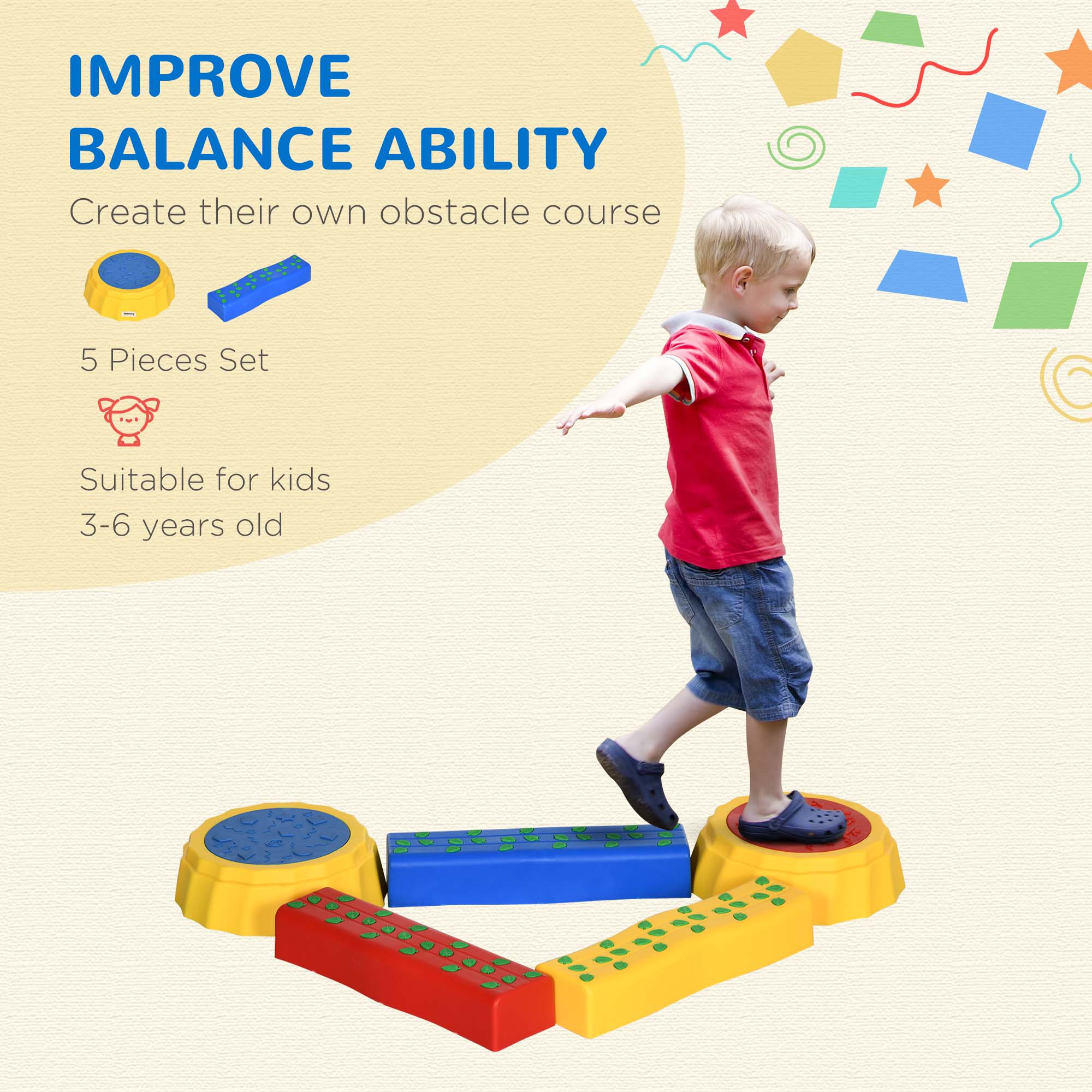Five-Piece Kids Stepping Stones and Balance Bridge w/ Non-Slip Surface & Bottom. for Toddlers - Multicoloured - Image 5