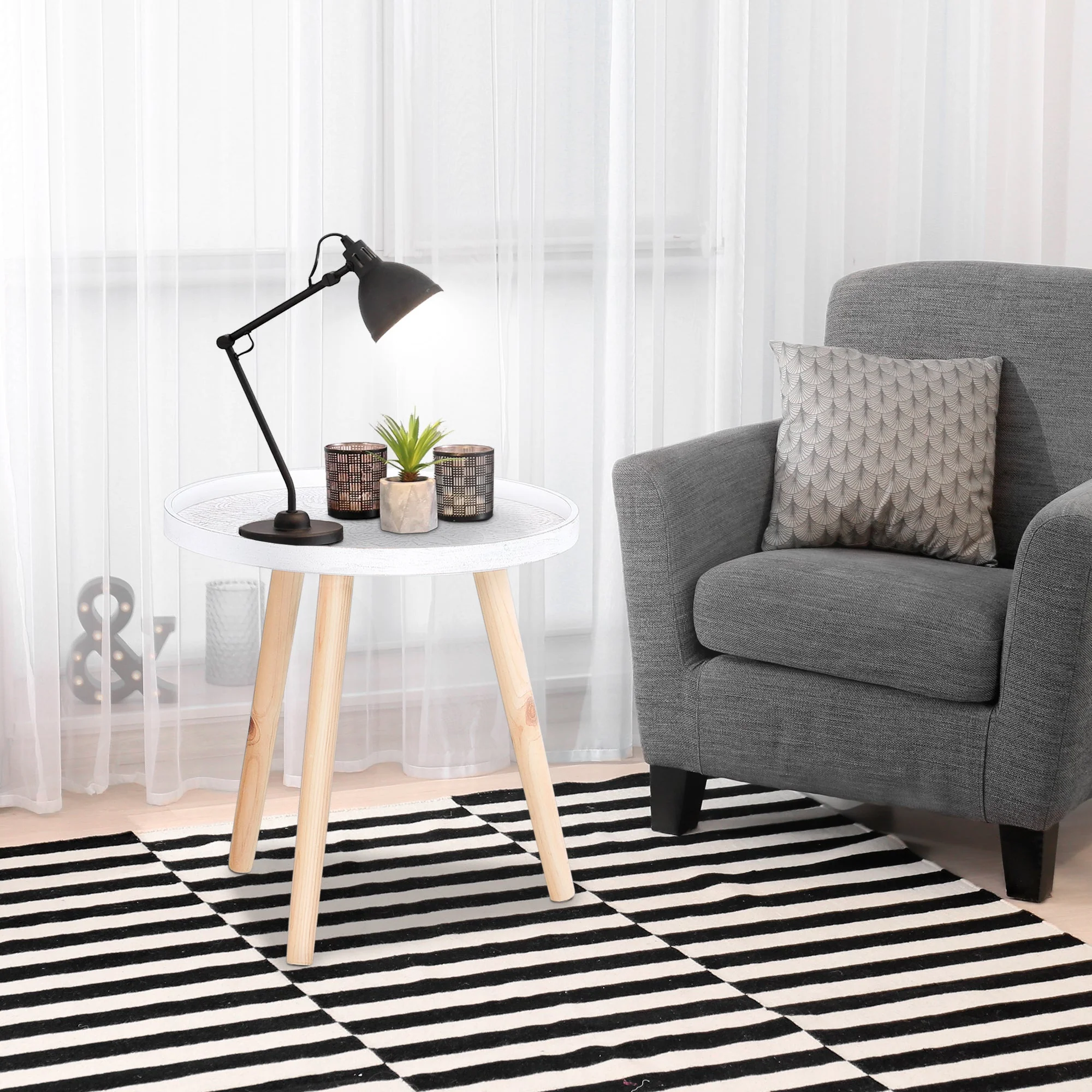 Flower Eteched Side Table w/ Saucer Top Wood Legs Living Room Bedroom Furniture Coffee End Table Display Decoration Elegant - White - Image 2