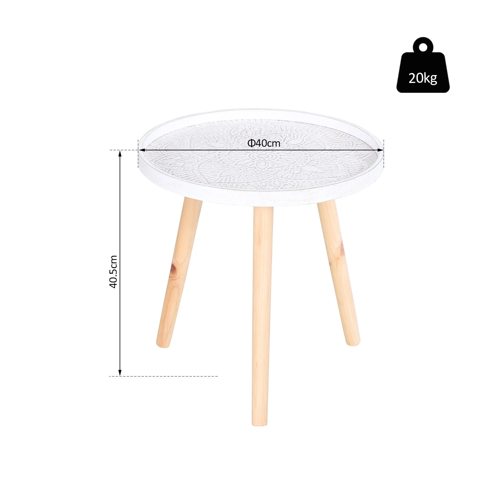 Flower Eteched Side Table w/ Saucer Top Wood Legs Living Room Bedroom Furniture Coffee End Table Display Decoration Elegant - White - Image 3