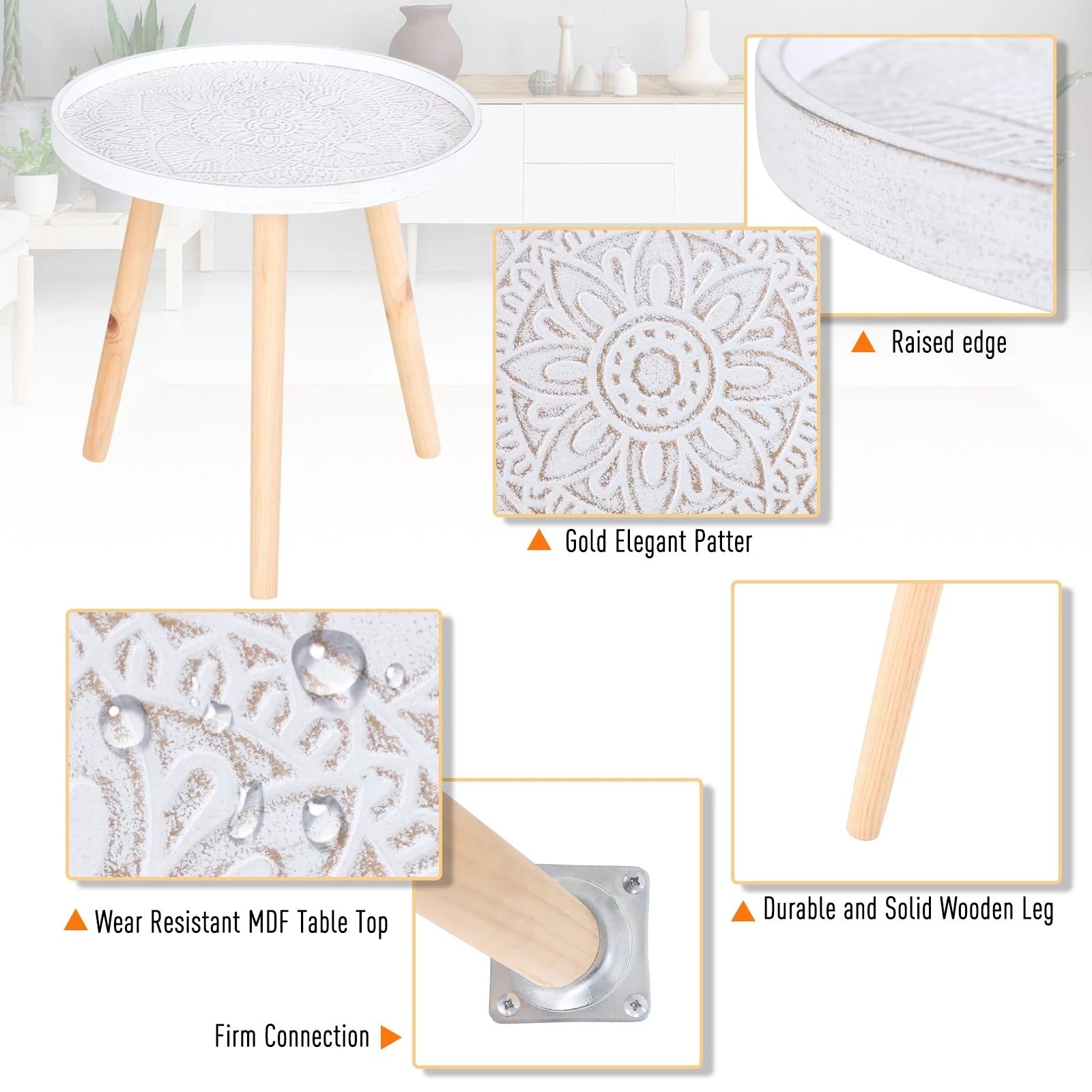 Flower Eteched Side Table w/ Saucer Top Wood Legs Living Room Bedroom Furniture Coffee End Table Display Decoration Elegant - White - Image 5