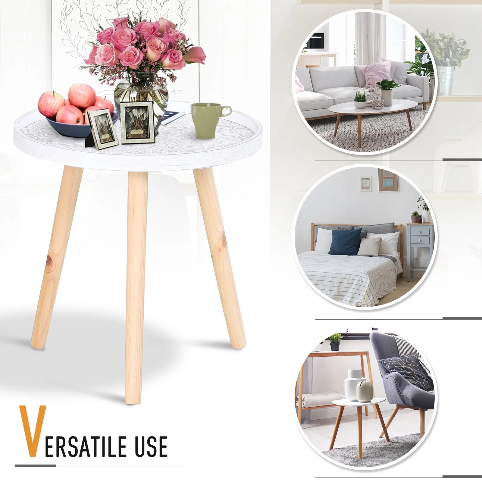 Flower Eteched Side Table w/ Saucer Top Wood Legs Living Room Bedroom Furniture Coffee End Table Display Decoration Elegant - White - Image 6