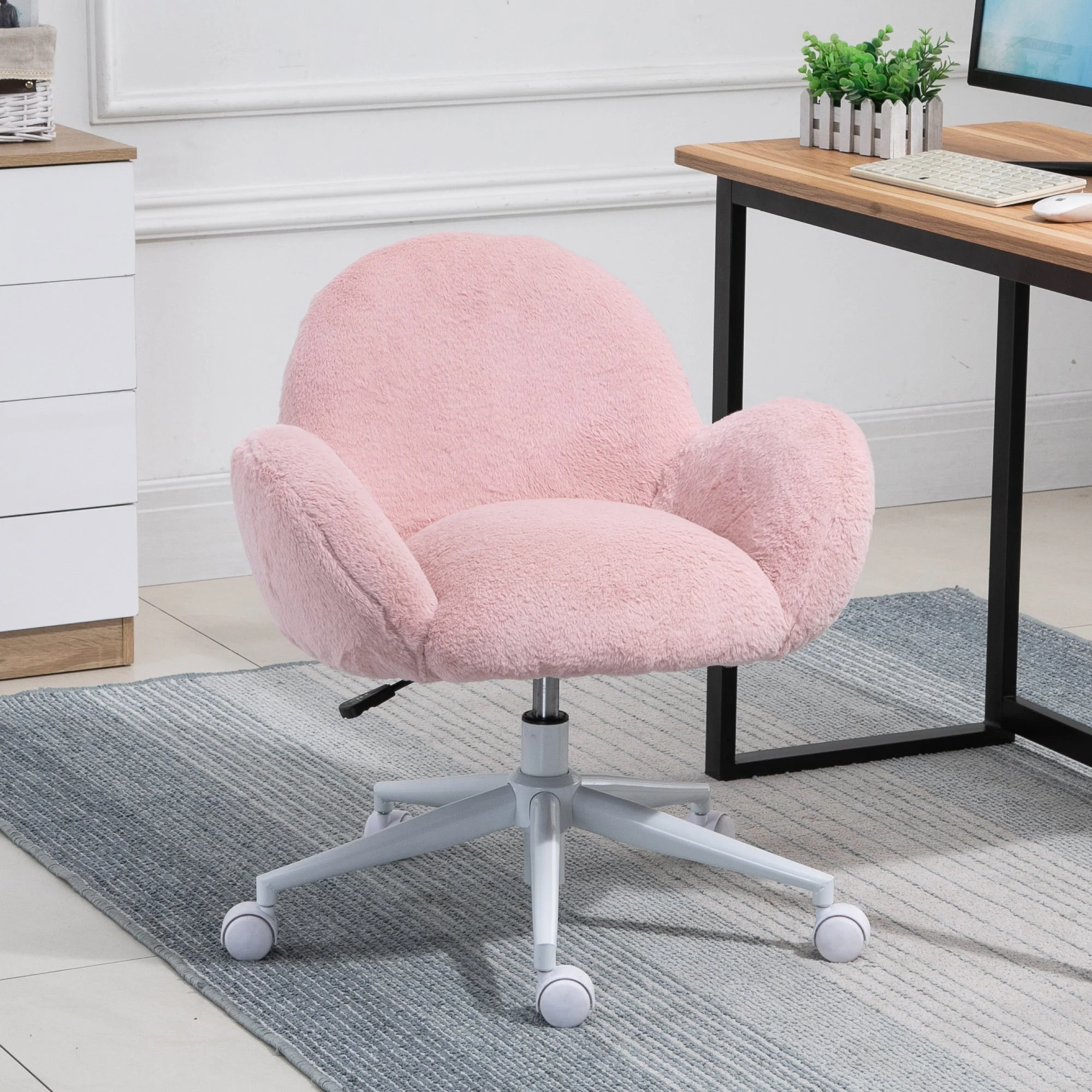 Fluffy Leisure Chair Office Chair with Backrest and Armrest for Home Bedroom Living Room with Wheels Pink - Image 2