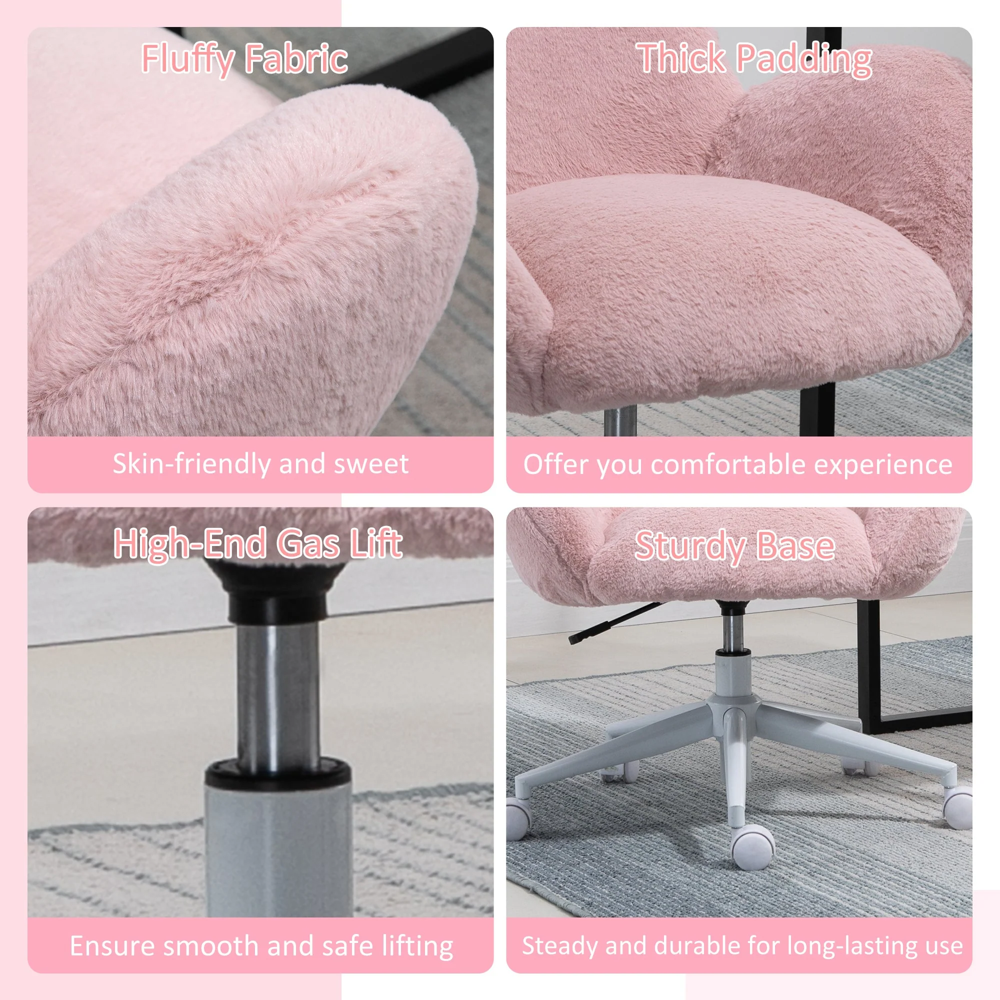Fluffy Leisure Chair Office Chair with Backrest and Armrest for Home Bedroom Living Room with Wheels Pink - Image 6