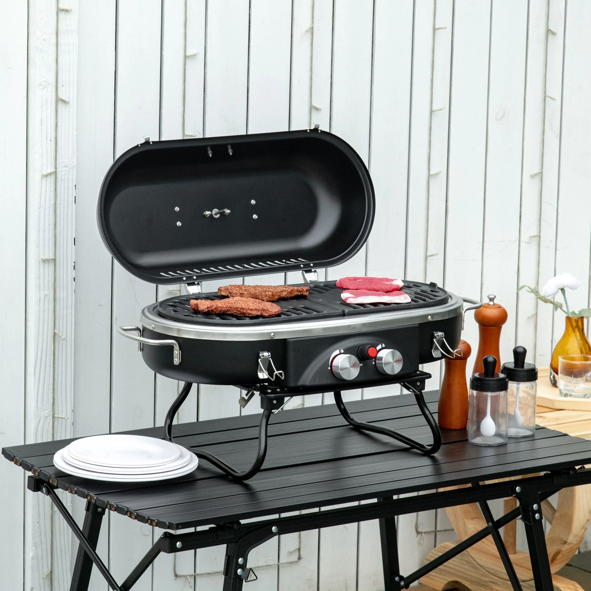 Foldable Gas BBQ Grill 2 Burner Table Top Barbecue with Lid Piezo Ignition Thermometer for Camping Picnic Cooking - Image 2