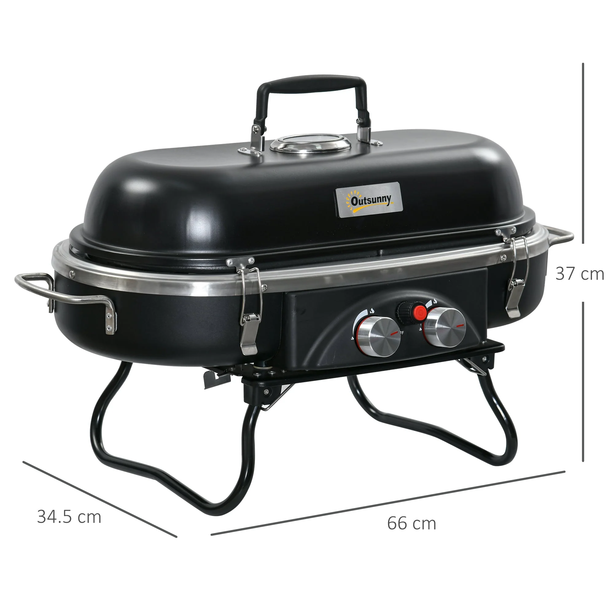 Foldable Gas BBQ Grill 2 Burner Table Top Barbecue with Lid Piezo Ignition Thermometer for Camping Picnic Cooking - Image 3