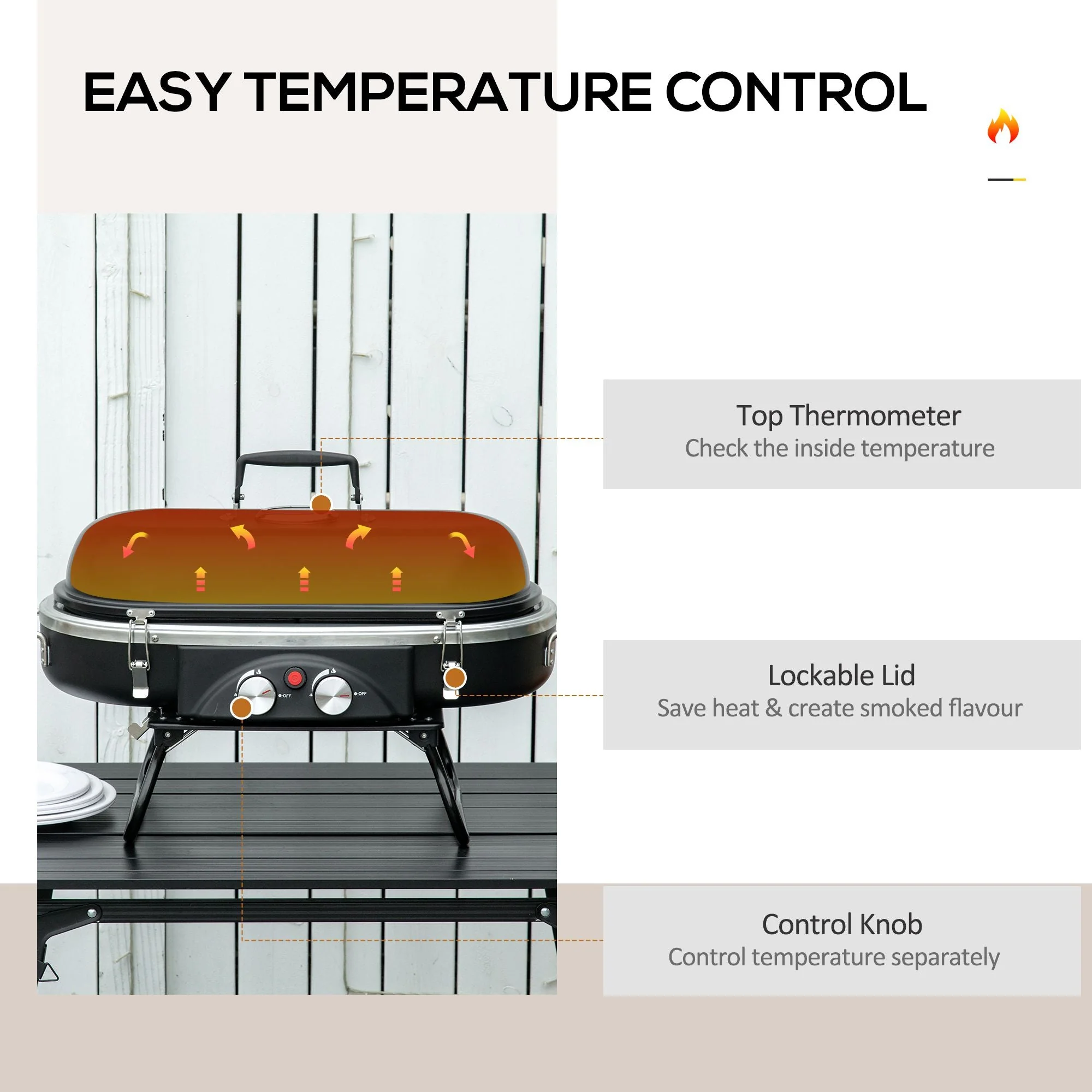 Foldable Gas BBQ Grill 2 Burner Table Top Barbecue with Lid Piezo Ignition Thermometer for Camping Picnic Cooking - Image 4