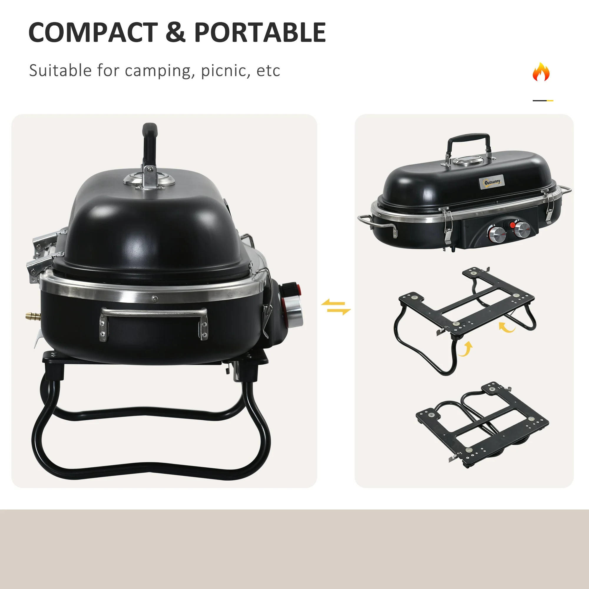 Foldable Gas BBQ Grill 2 Burner Table Top Barbecue with Lid Piezo Ignition Thermometer for Camping Picnic Cooking - Image 5