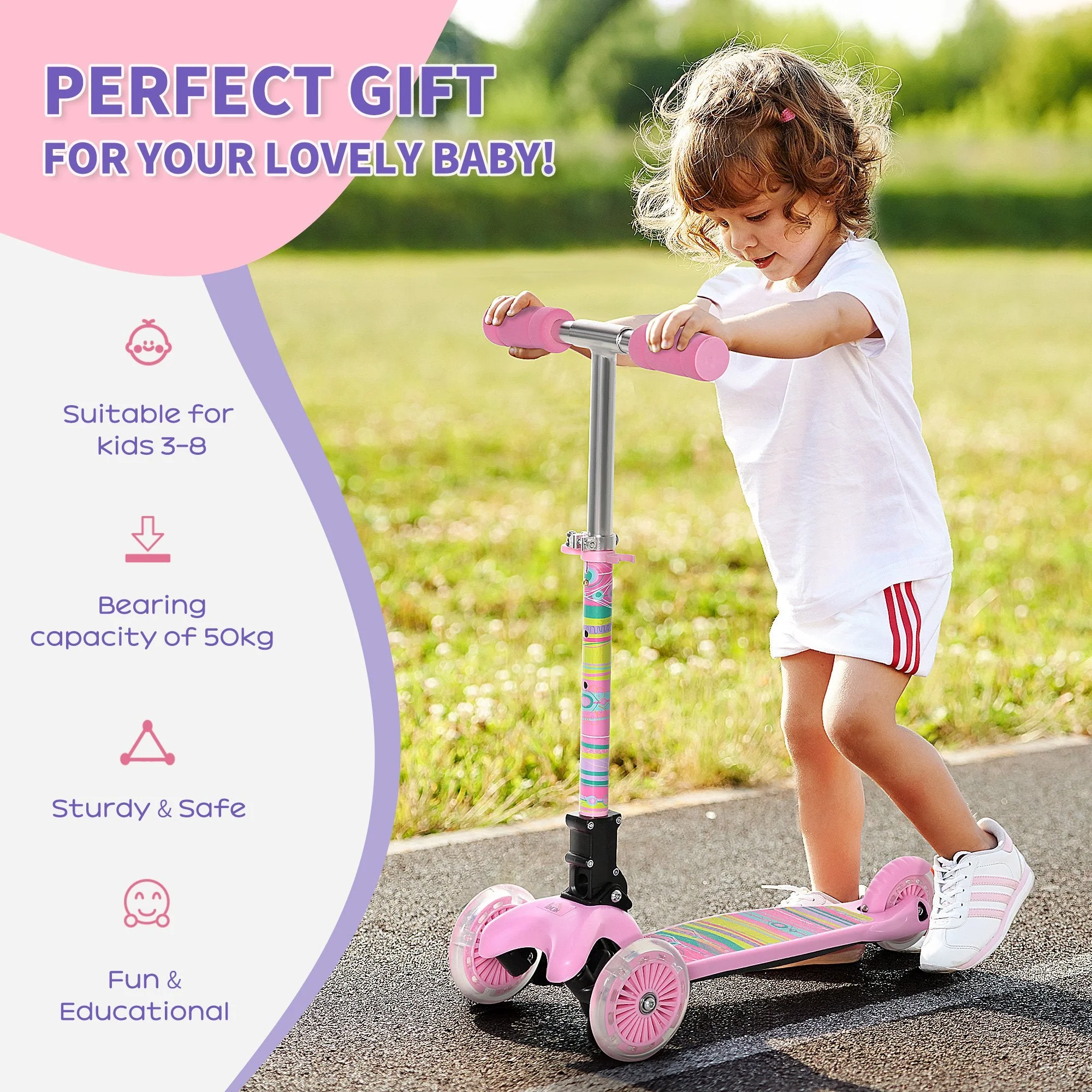 Foldable Scooter for Kids with 3 Wheel Adjustable Height Flashing Wheels - Image 4