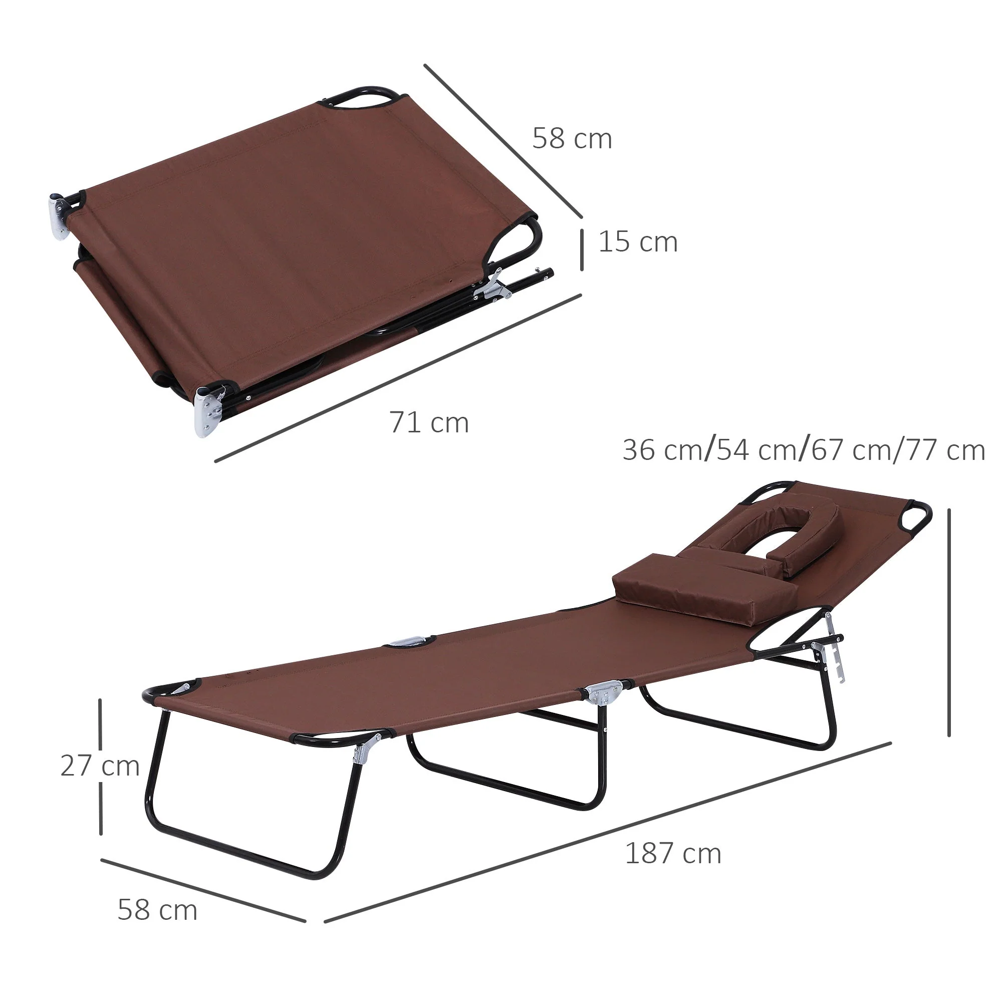 Foldable Sun Lounger Reclining Chair with Pillow and Reading Hole Garden Beach Outdoor Recliner Adjustable - Image 2