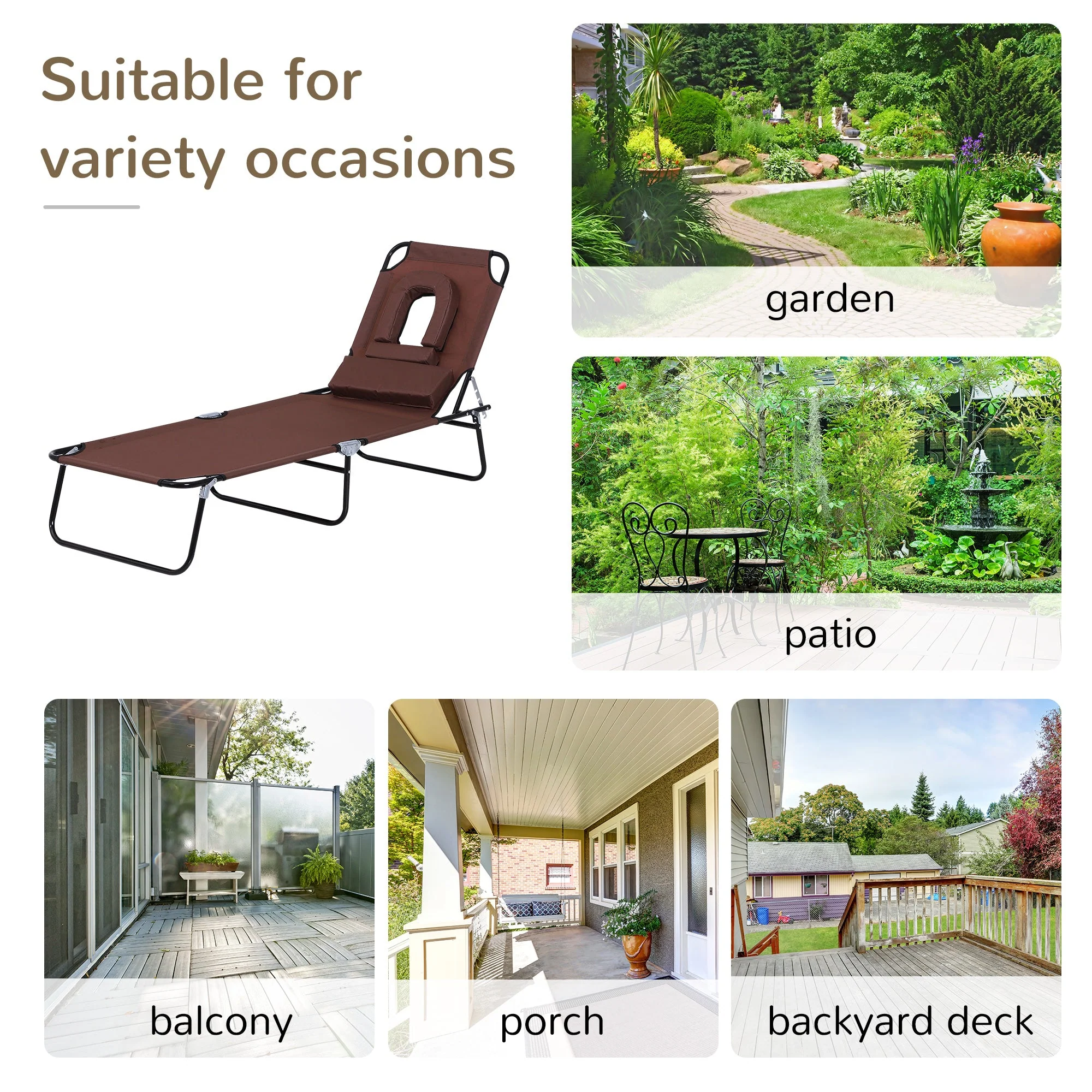 Foldable Sun Lounger Reclining Chair with Pillow and Reading Hole Garden Beach Outdoor Recliner Adjustable - Image 3