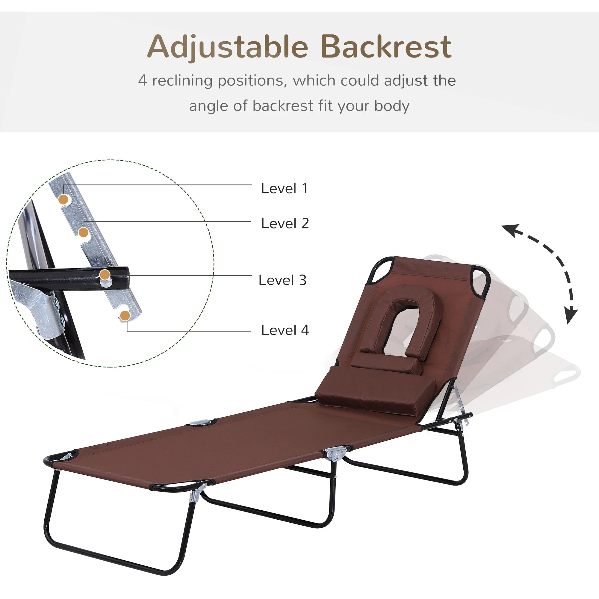 Foldable Sun Lounger Reclining Chair with Pillow and Reading Hole Garden Beach Outdoor Recliner Adjustable - Image 4