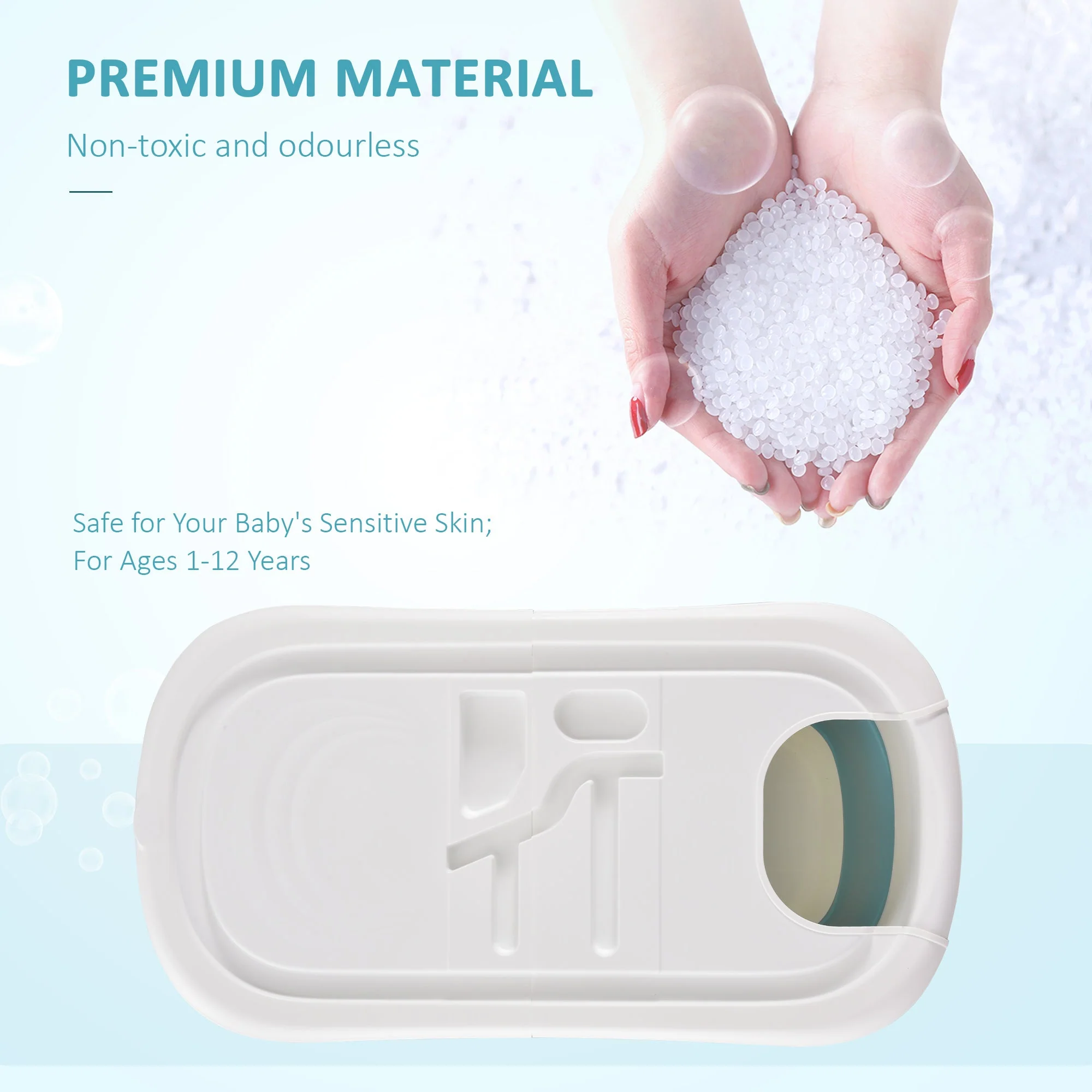 Folding Baby Bath Tub for Toddlers Kids Portable with Non-Slip Pads Top Cover for 1-12 Years Blue - Image 3