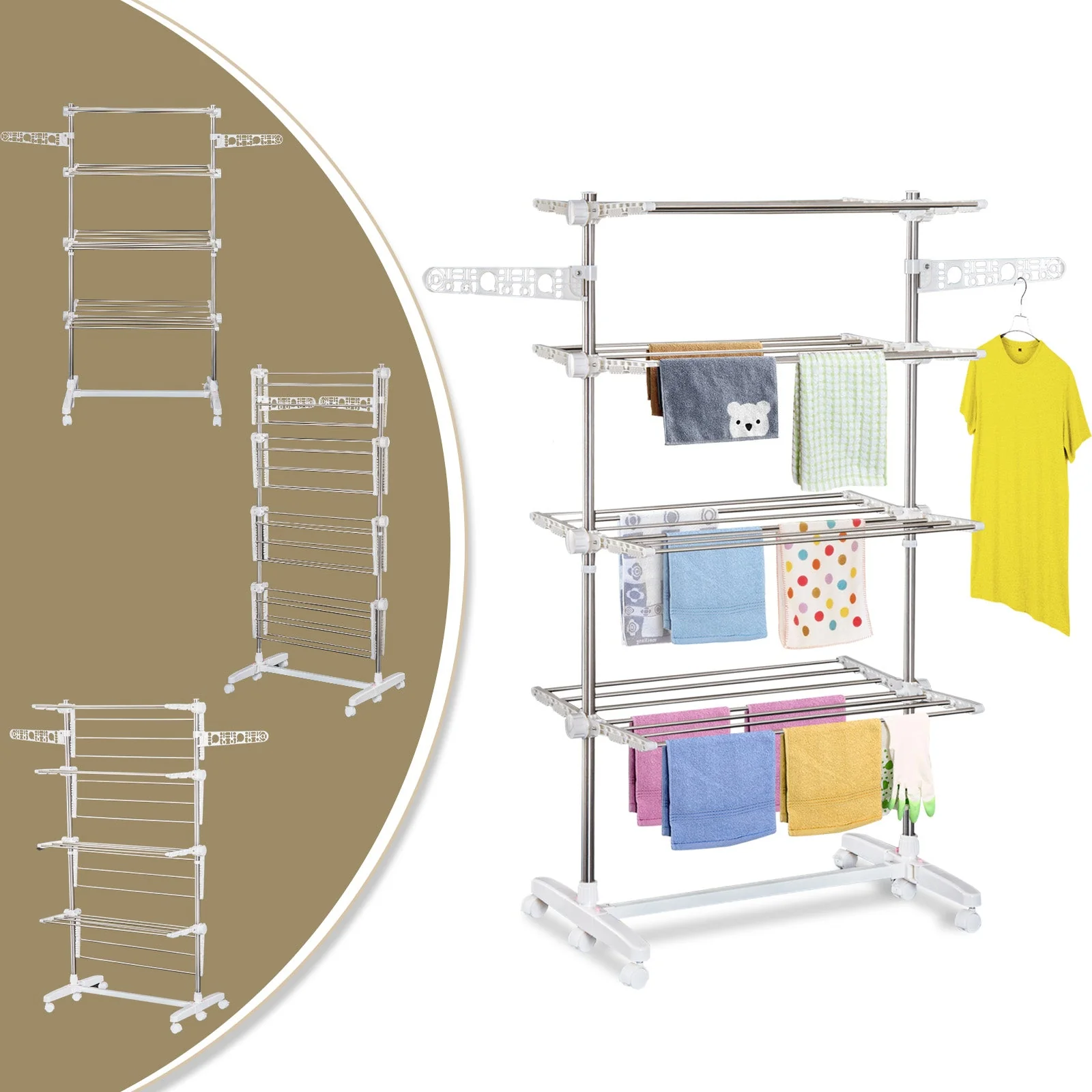 Folding Cloth Rail Adjustable Garment Rack With Wheels 4 Layer - Image 4