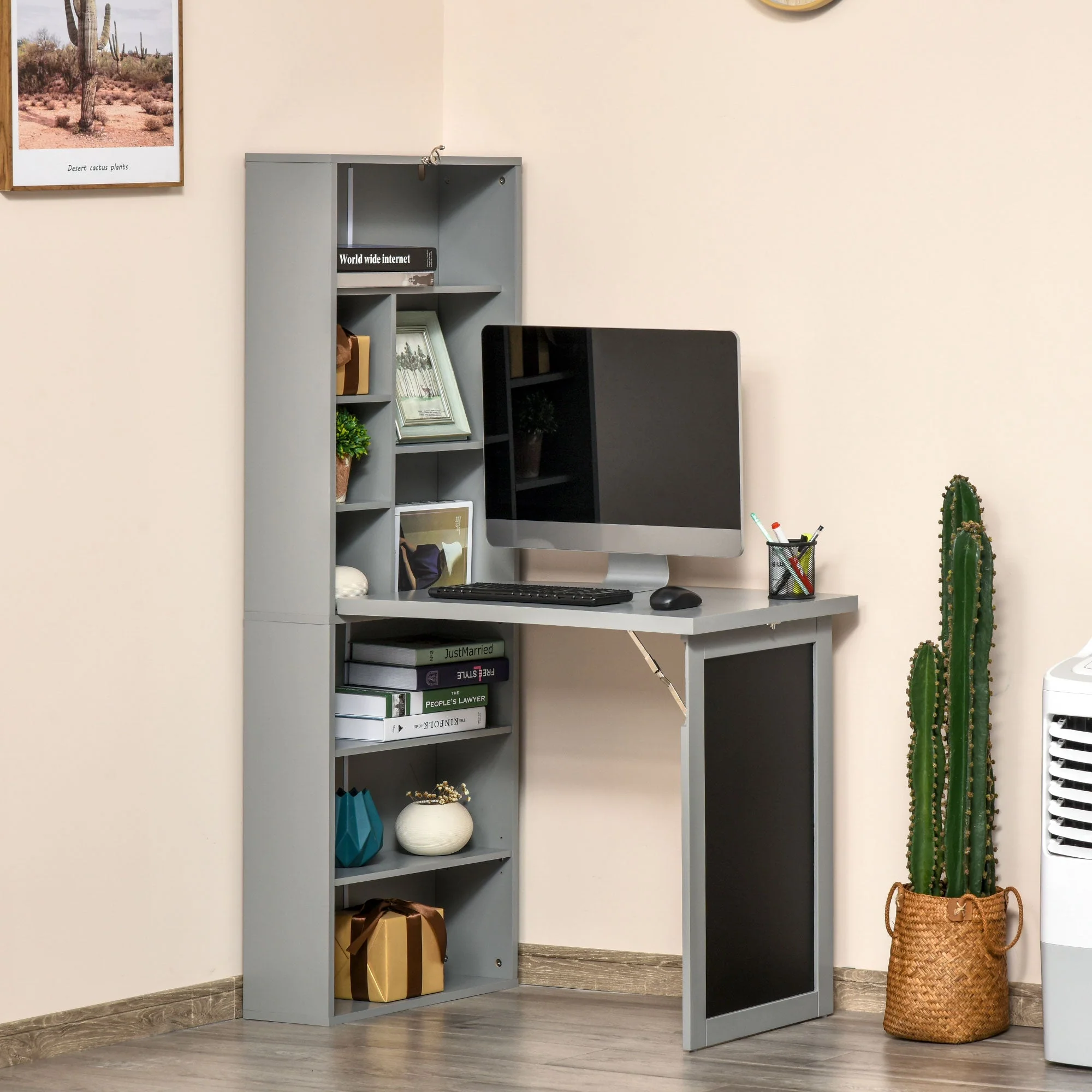 Folding Convertible Desk with Blackboard Multi-function Computer Office Workstation Side Shelf for Home Office - Image 2
