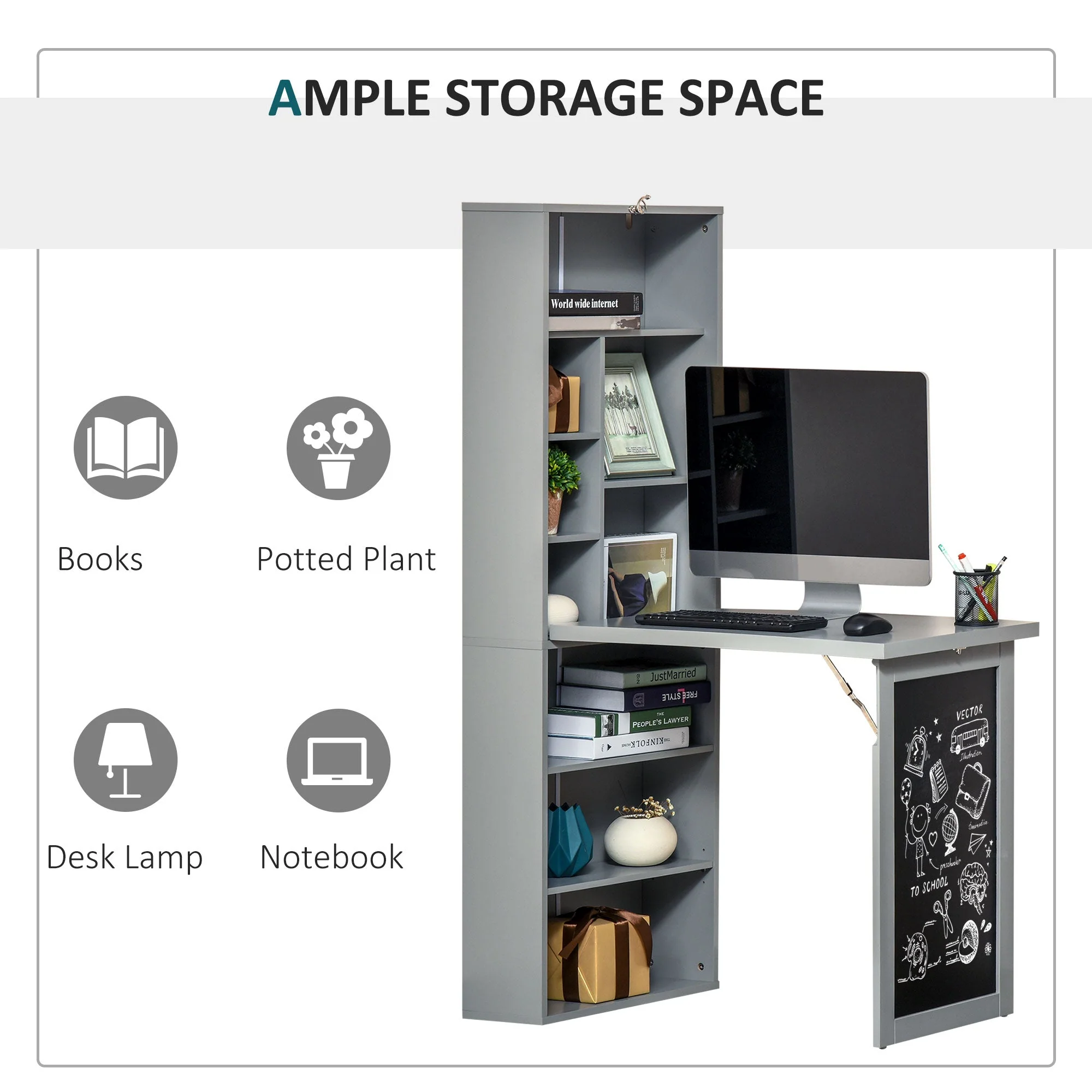 Folding Convertible Desk with Blackboard Multi-function Computer Office Workstation Side Shelf for Home Office - Image 6