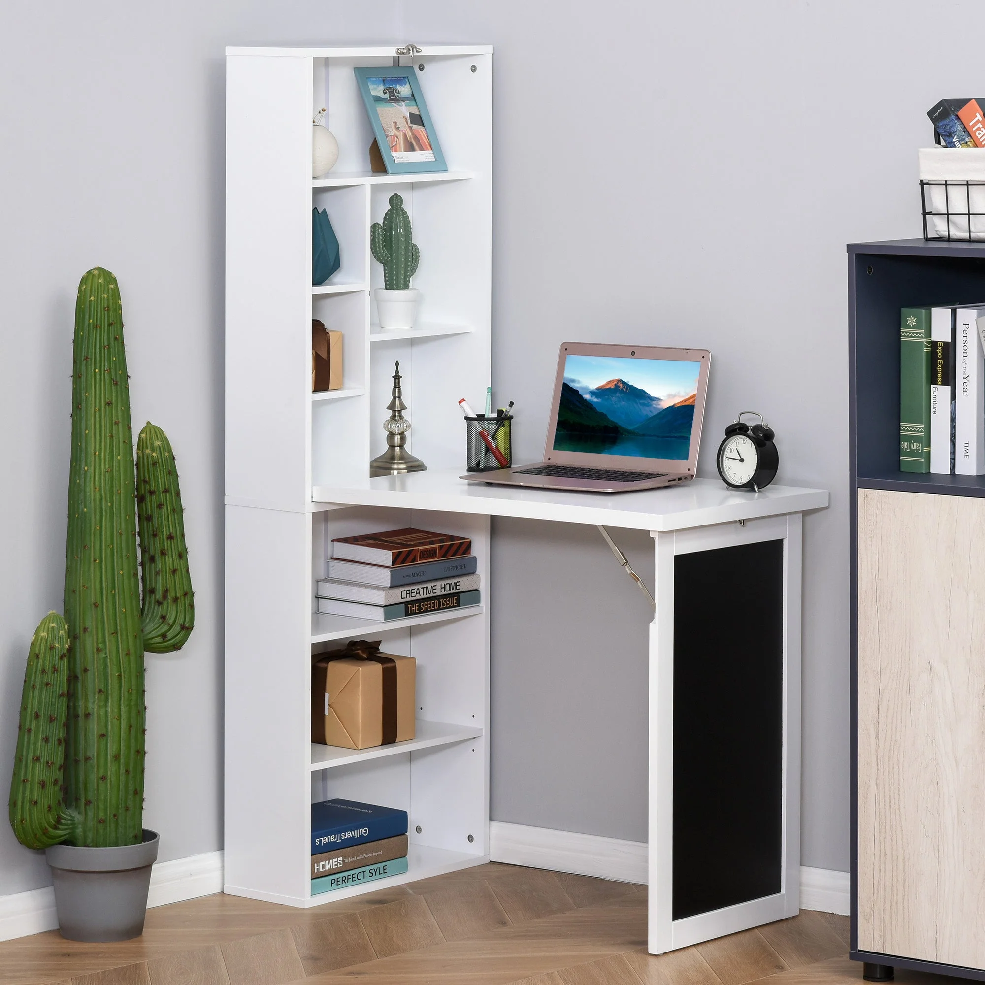 Folding Convertible Desk with Blackboard Multi-function Computer Office Workstation Side Shelf for Home Office - White - Image 2