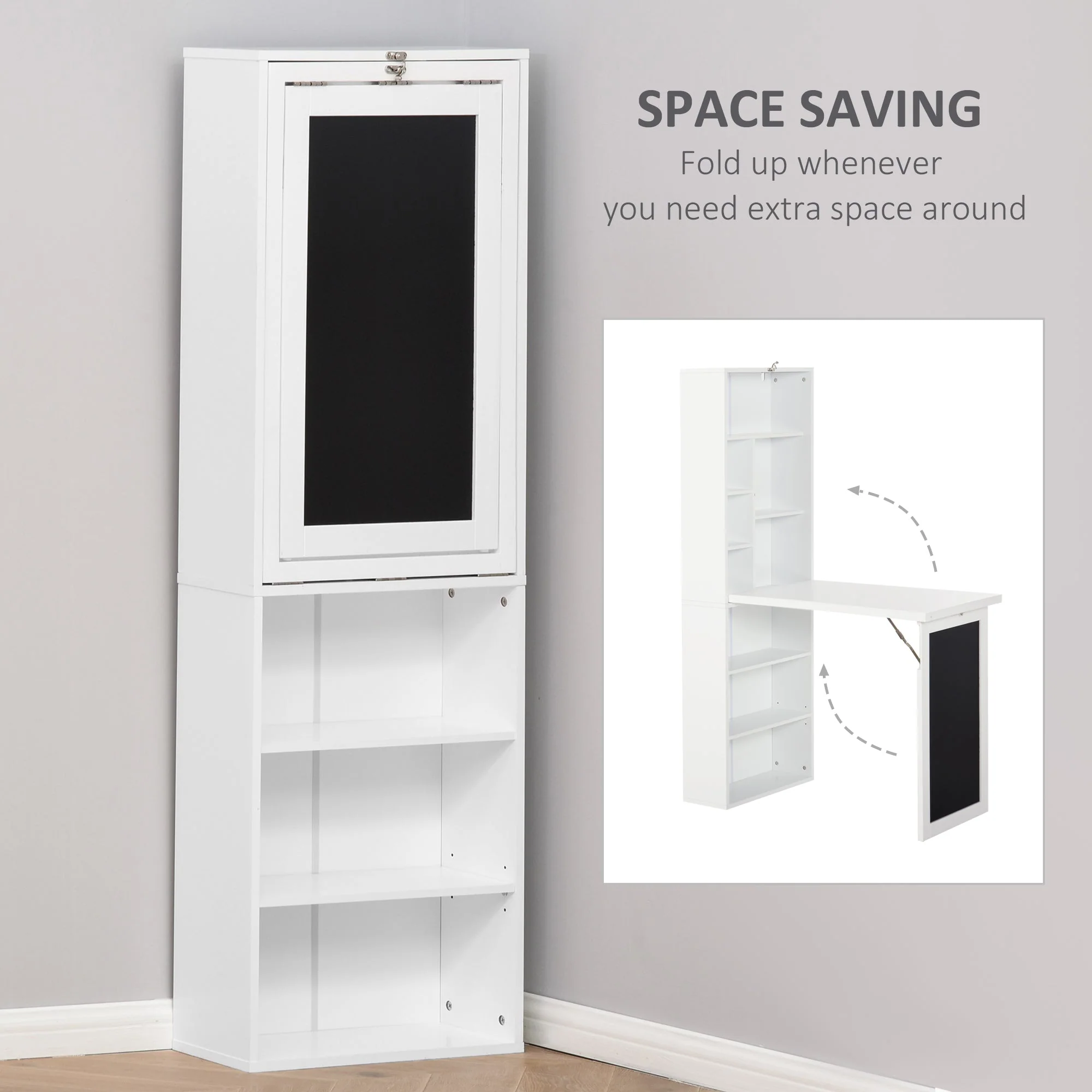 Folding Convertible Desk with Blackboard Multi-function Computer Office Workstation Side Shelf for Home Office - White - Image 4