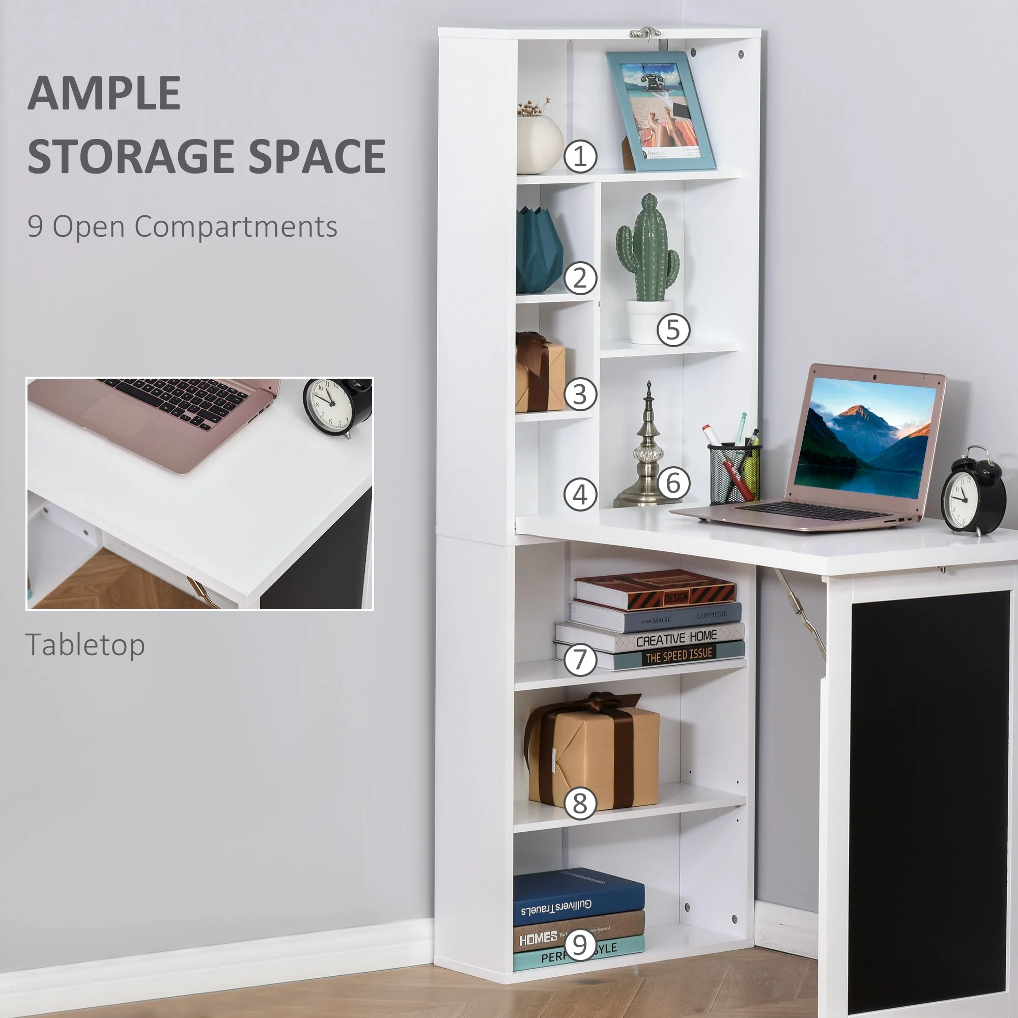 Folding Convertible Desk with Blackboard Multi-function Computer Office Workstation Side Shelf for Home Office - White - Image 5
