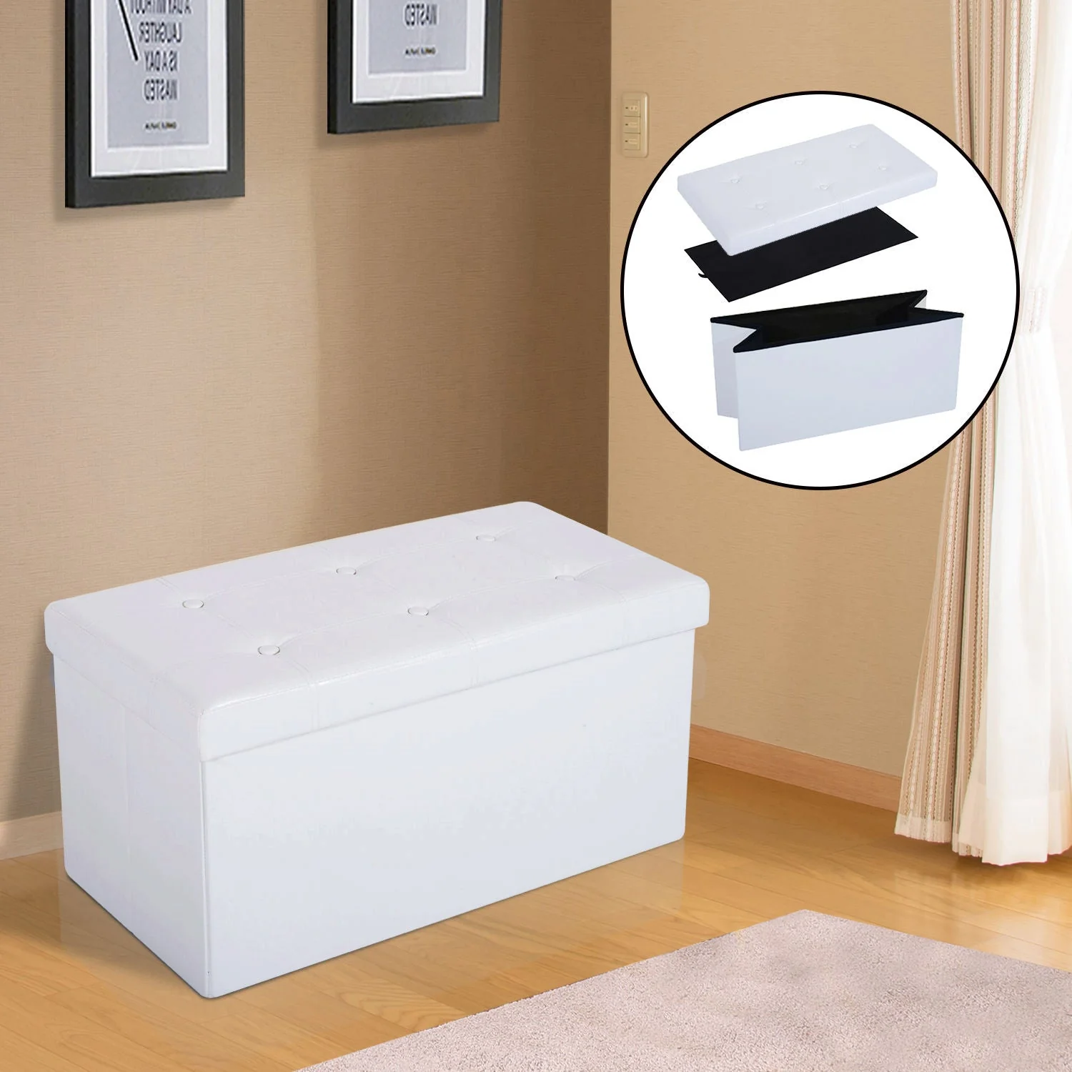 Folding Faux Leather Storage Cube Ottoman Bench Seat PU Rectangular Footrest Stool Box Cream White - Image 2