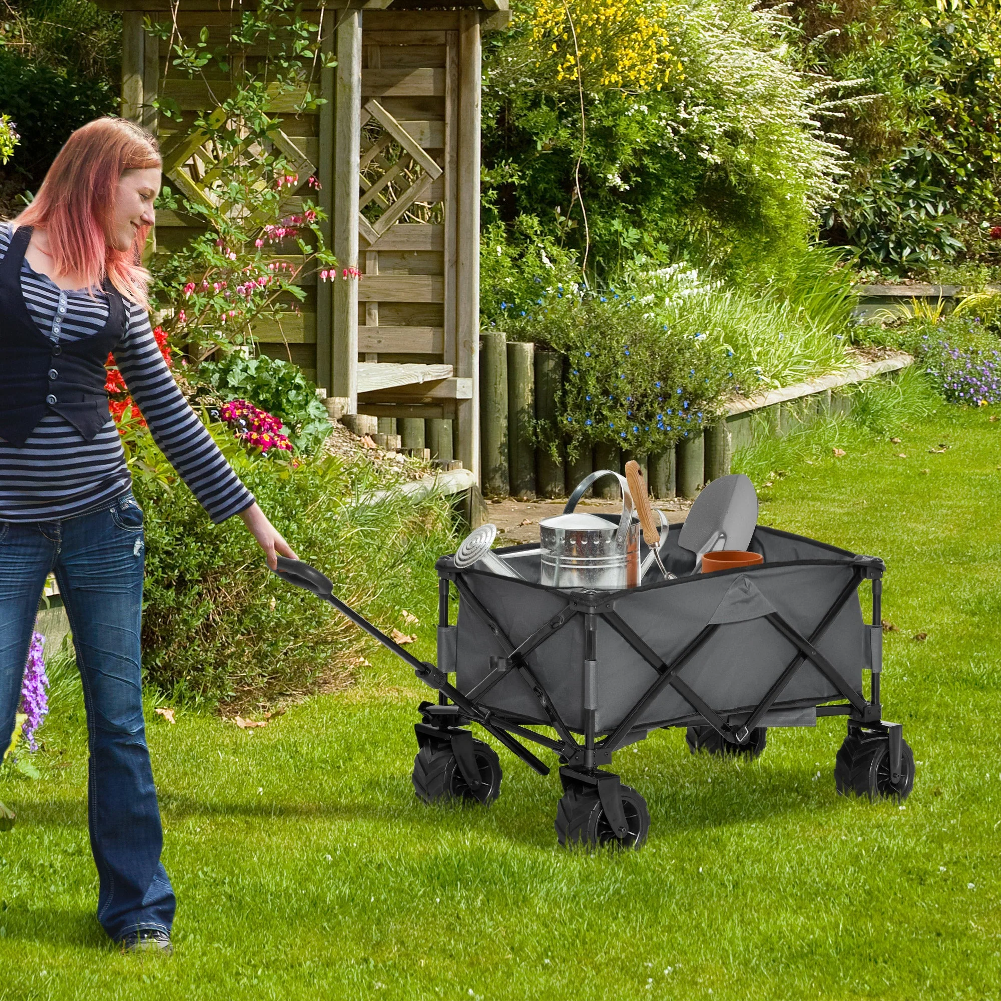 Folding Metal Frame Garden Trolley - Grey - Image 2